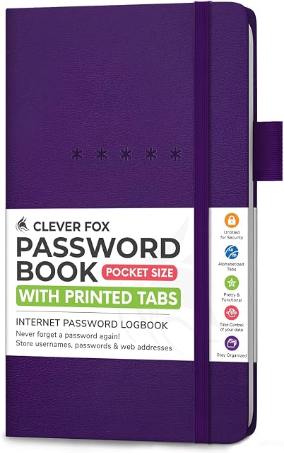 Clever Fox Password Book Alphabetized Internet Address & Password Organizer Computer & Website Password Keeper Notebook Log-in Password Journal Pocket, 9.5x16cm, Hardcover (Purple)
