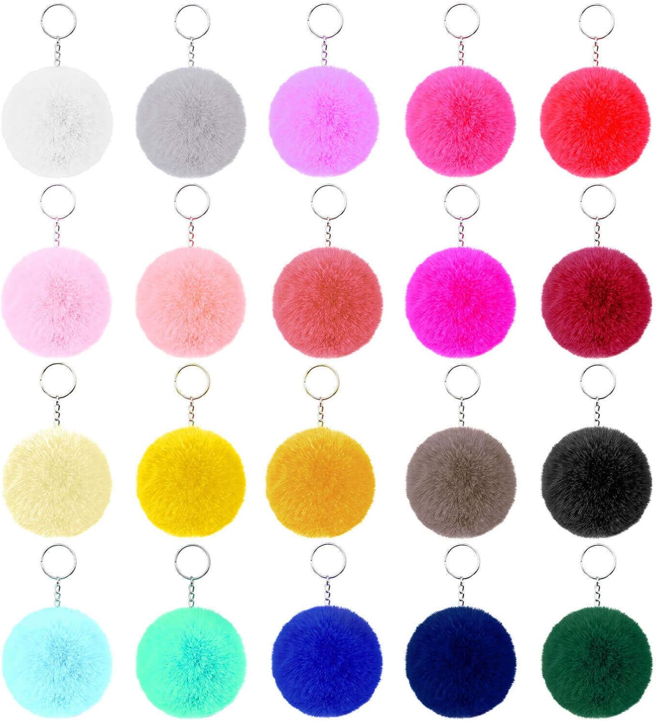 Pom Poms Keychain for Girls Women, Flasoo 20pcs Pom Poms Keychain Bulk Puff Ball Keychain Fluffy
