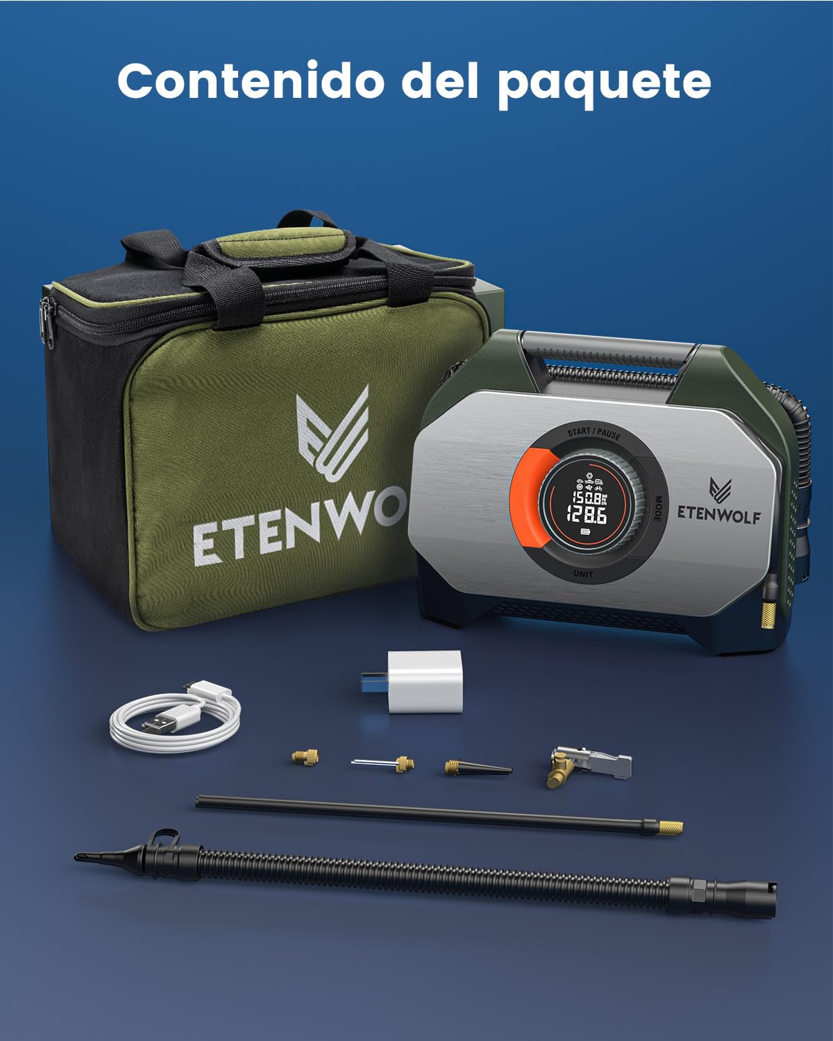 ETENWOLF Vortex S7 Inflador de neumáticos para vehículos pesados, bomba de aire portátil para neumáticos de coche con batería de 11,03 bar y batería de 38400 mAh, bomba de aire inalámbrica con ciclo