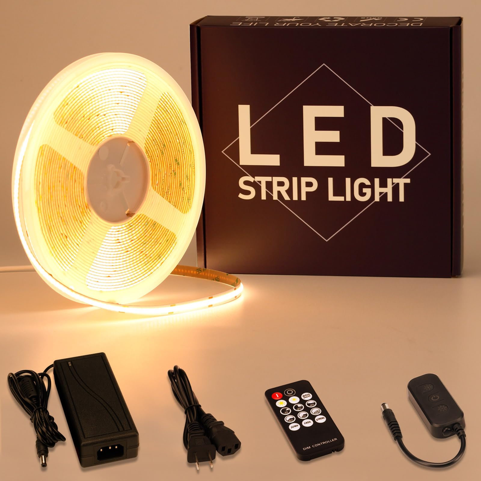 GOMING 24V 10M COB Striscia LED Bianco Caldo 3000K Dimmerabile 312LEDs/M | con Dimmer Alimentatore 24V 3A 72W CRI 93+ Non Impermeabile IP20 Flessibile Luci LED per Soggiorno Natale Bar Decorare
