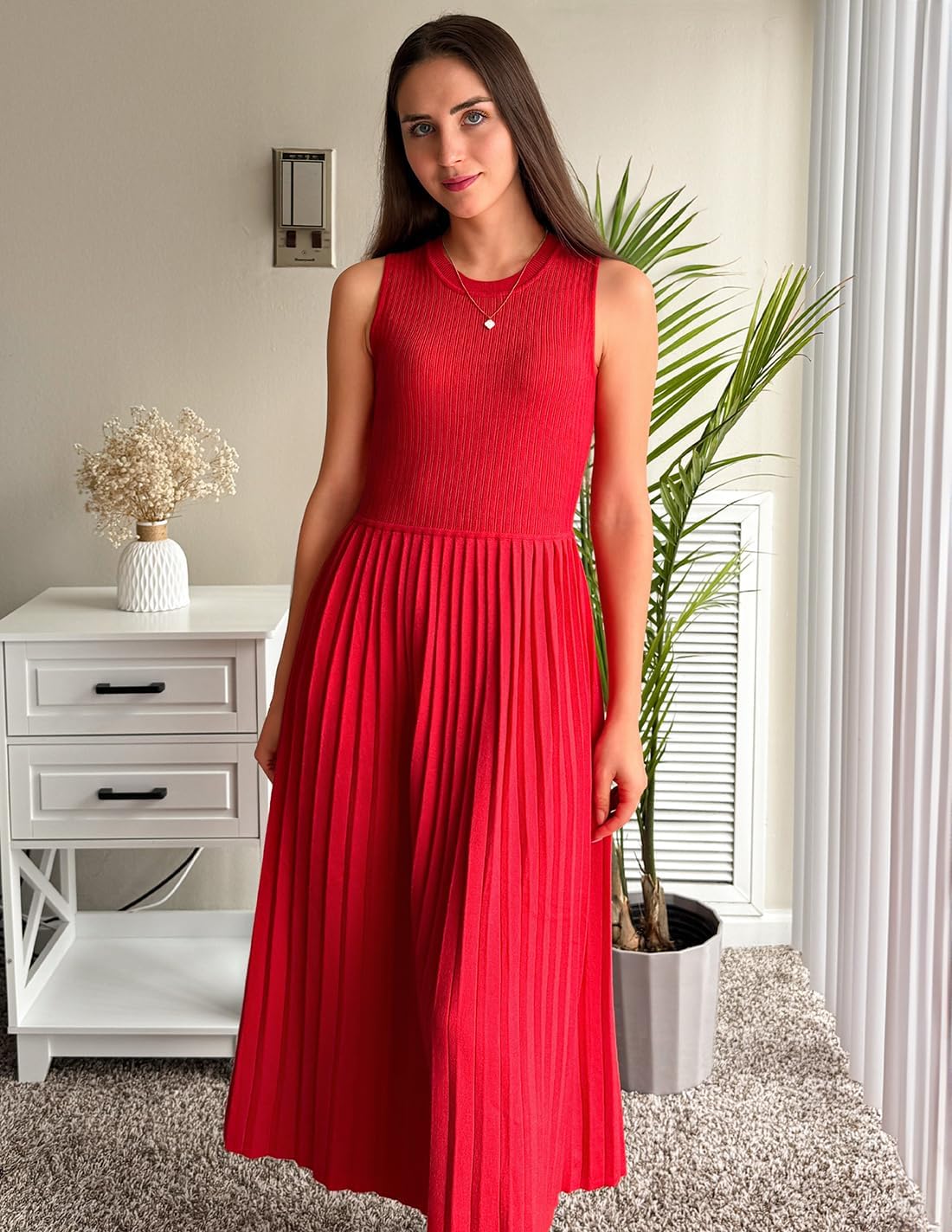 ZESICA Women's 2026 Summer Sleeveless Midi Dresses Casual Crewneck Ribbed Knit Pleated A Line Swing Long Party Dress - Image 4