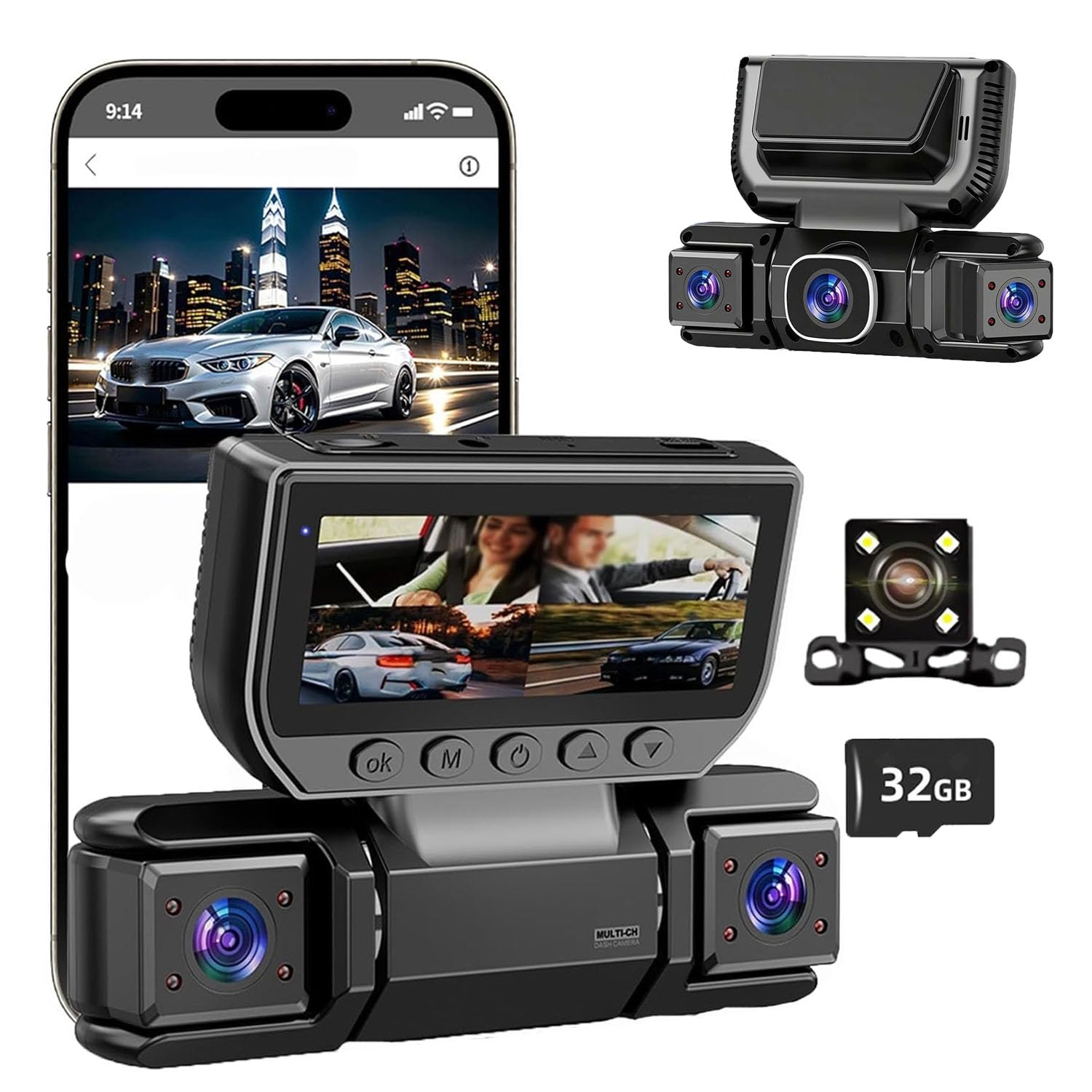 Grabadora de video DVR WiFi de 4 canales para coche de 360° con tarjeta de 32 GB, 1080P FHD vista de 360 grados, cámara frontal y trasera, control de aplicación, monitoreo de estacionamiento