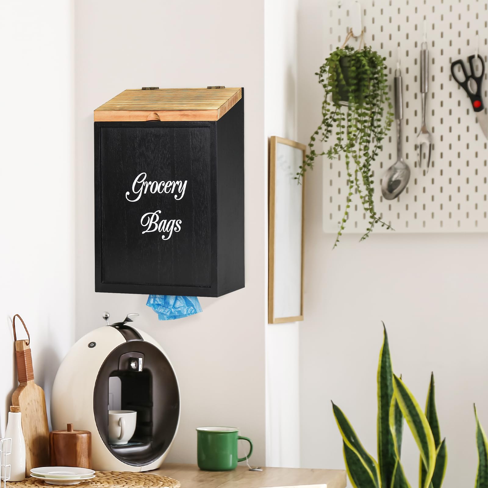 Wooden Grocery Bag Holder, Plastic Bag Holders for Grocery Bags, Trash Bag Holder Dispenser with Extra-Wide & Easy-Access Openings, Garbage Bag Dispenser Trash Bag Organizer for Cabinet Kitchen(Black)