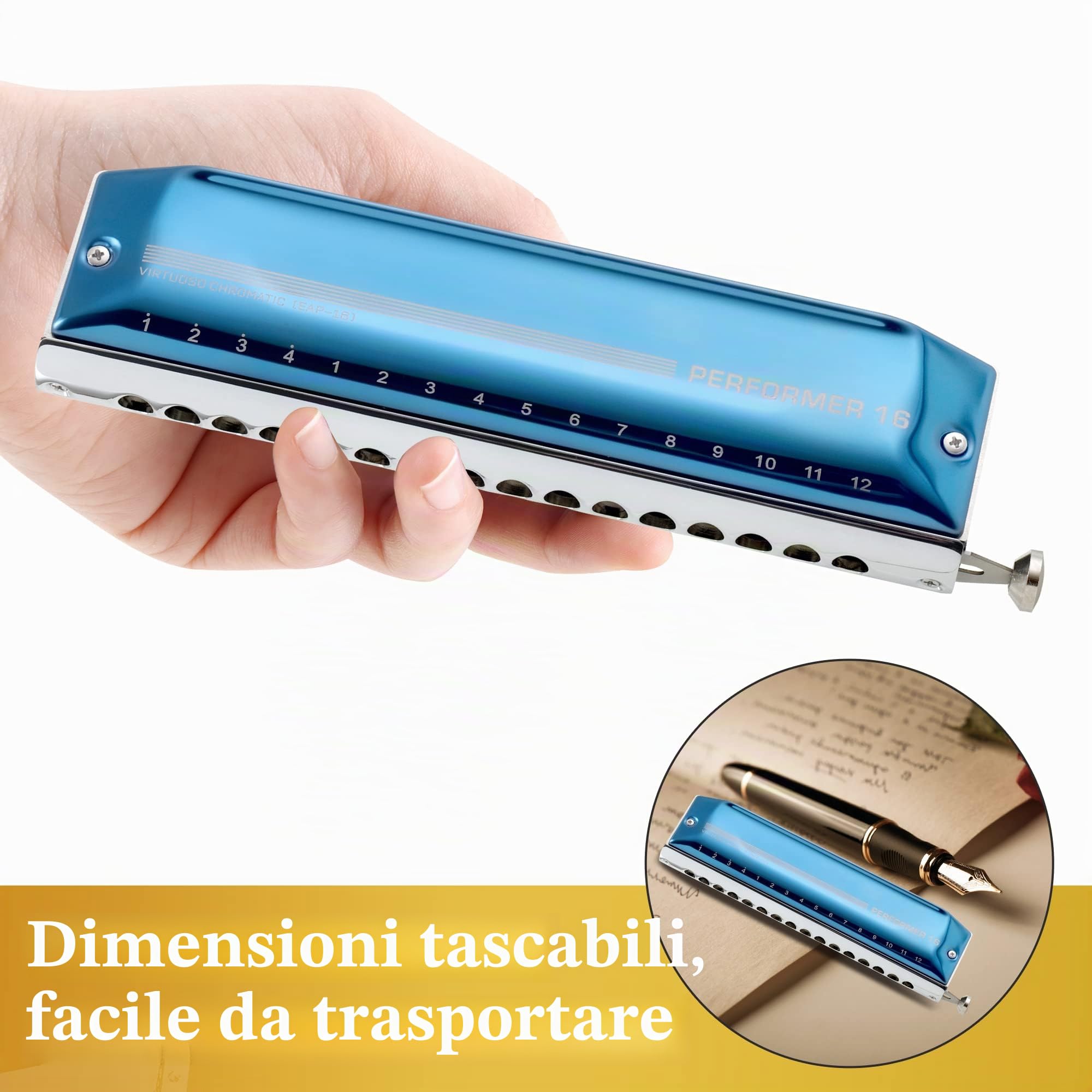 East Top Upgrade Armonica cromatica Chiave di Do ， 16 fori 64 toni Armonica professionale per adulti, studenti e amanti dell'armonica con coperchio blu (EAP-16)