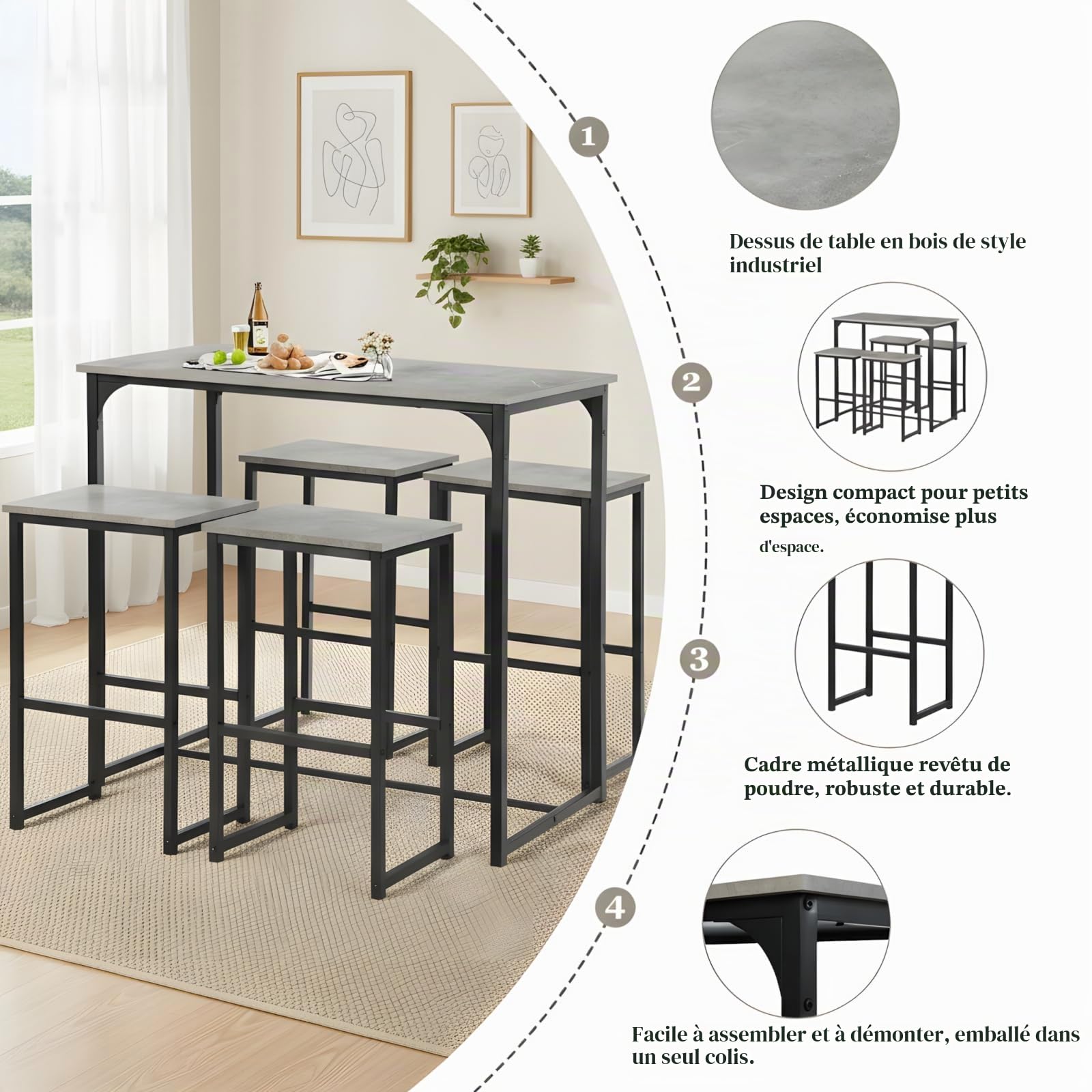 Ensemble Table a Manger avec 4 Chaises, Table Haute Cuisine Mange-Debout avec 4 Tabourets, pour Petit Espace Cuisine Salle à Manger Salon Bar ou Balcon (Gris Vieilli et Noir)