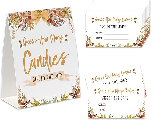 Juego de fiesta de dulces de Acción de Gracias, Guess How Many Candies Are In The Jar (1 letrero de pie de doble cara + 50 tarjetas de adivinación),