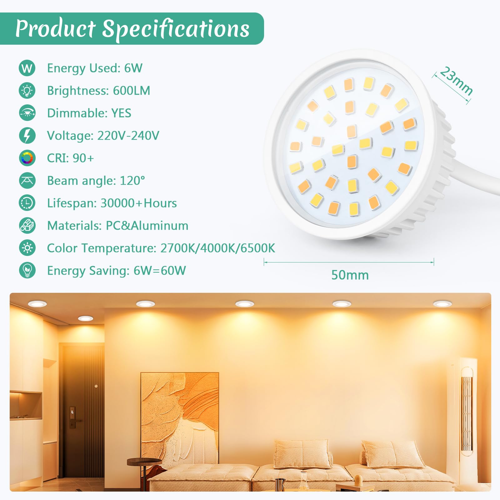 GeyouLux LED Módulo 230V Ultraplano ø50x23mm para Focos - 6W 600LM IP44 Ángulo de Haz de 120° Blanco Cálido Blanco Natural Blanco Frío Regulable - Sustitución de Bombillas MR16/GU10-10 Piezas