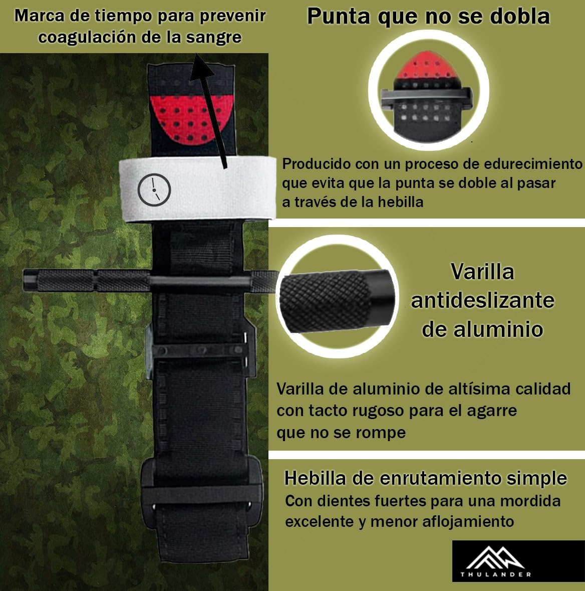 Thulander Pack Torniquete Tactico + Vendaje Israeli Botiquin Primeros Auxilios para Hemorragias Control Perdida de Sangre Kit de Emergencia para Supervivencia Uso Militar Policial IFAK
