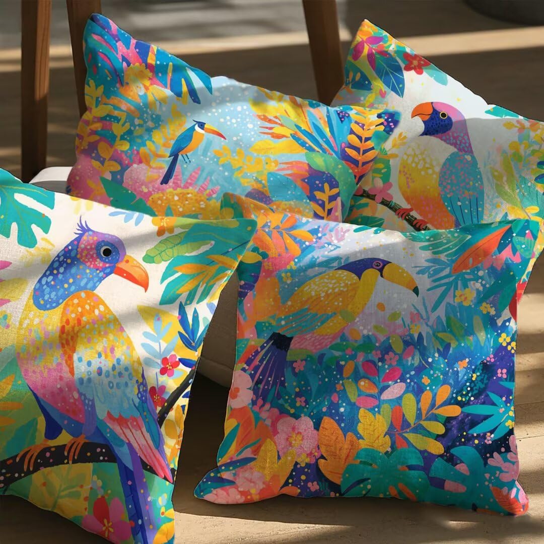 4er Set Kissenbezug 40x40 cm Vogel Sofakissen aus Leinen Deko Kissenhülle Couchkissen Wald Kissen mit Unsichtbarer Reißverschluss, Kissenbezüge für Wohnzimmer Schlafzimmer Bett Garten Terrasse Ym415