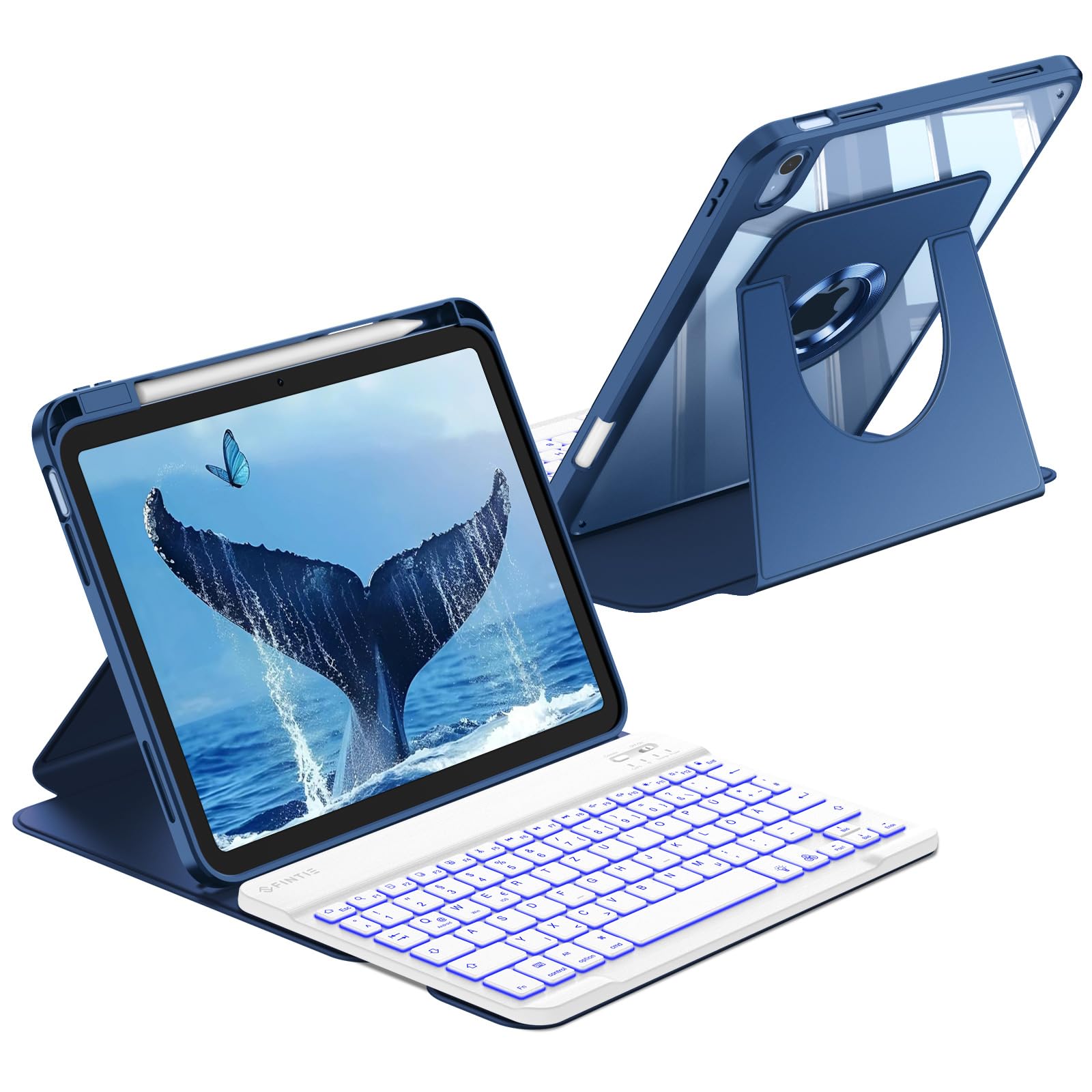 FINTIE 360° drehbare Tastatur Hülle für iPad A16 11/10 Generation 11/10,9 Zoll 2025/2022, 7-farbige Hintergrundbeleuchtung, magnetisch abnehmbare Bluetooth-Tastatur, weiche TPU Schutzhülle,