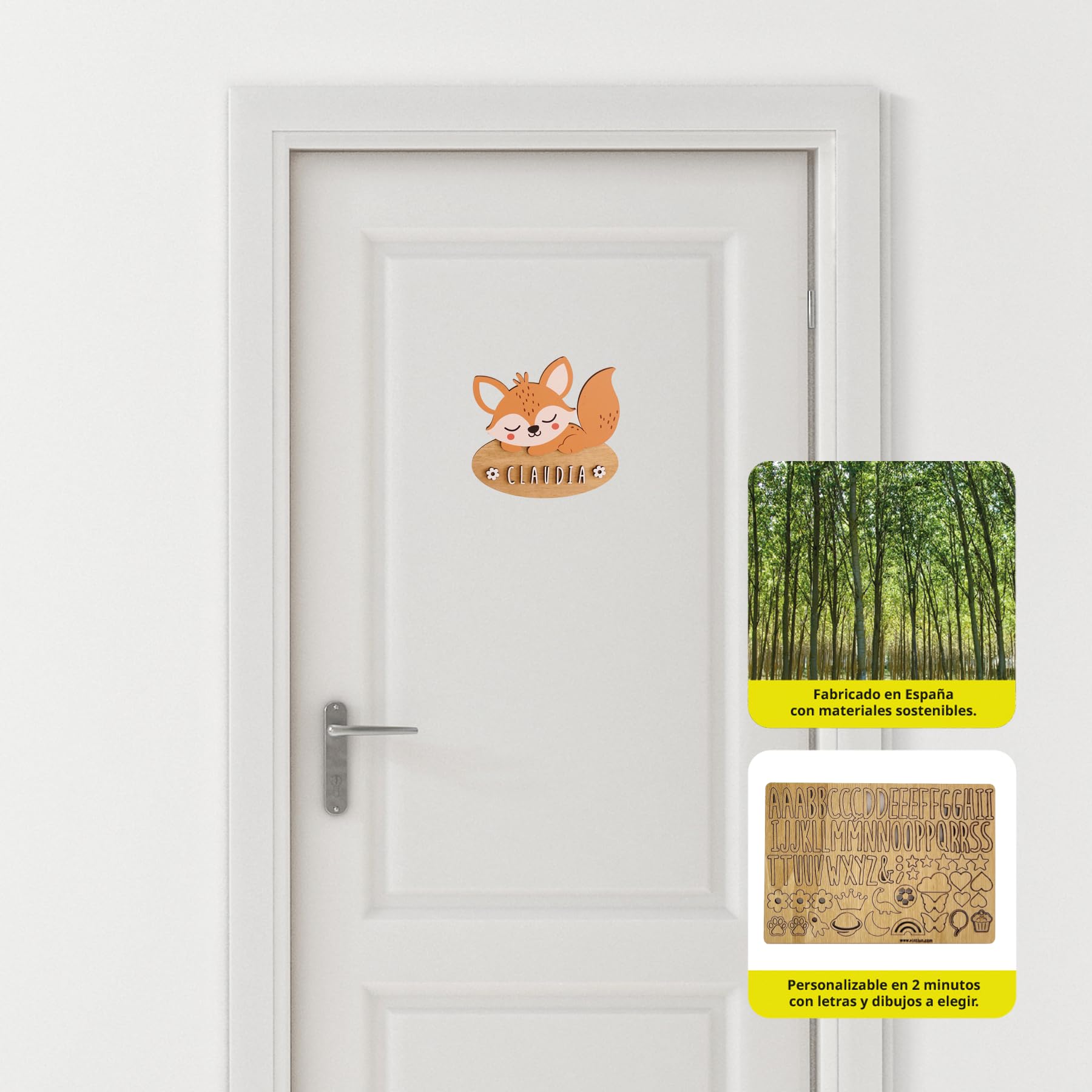 WONDEE Vintiun Plaque Décorative pour Chambre de Bébé en Forme de Renard, Noms en Bois Personnalisés pour Portes et Chambre Fille et Garçon, Cadeaux Personnalisés Bébés, Cadeau Baptême et Naissance