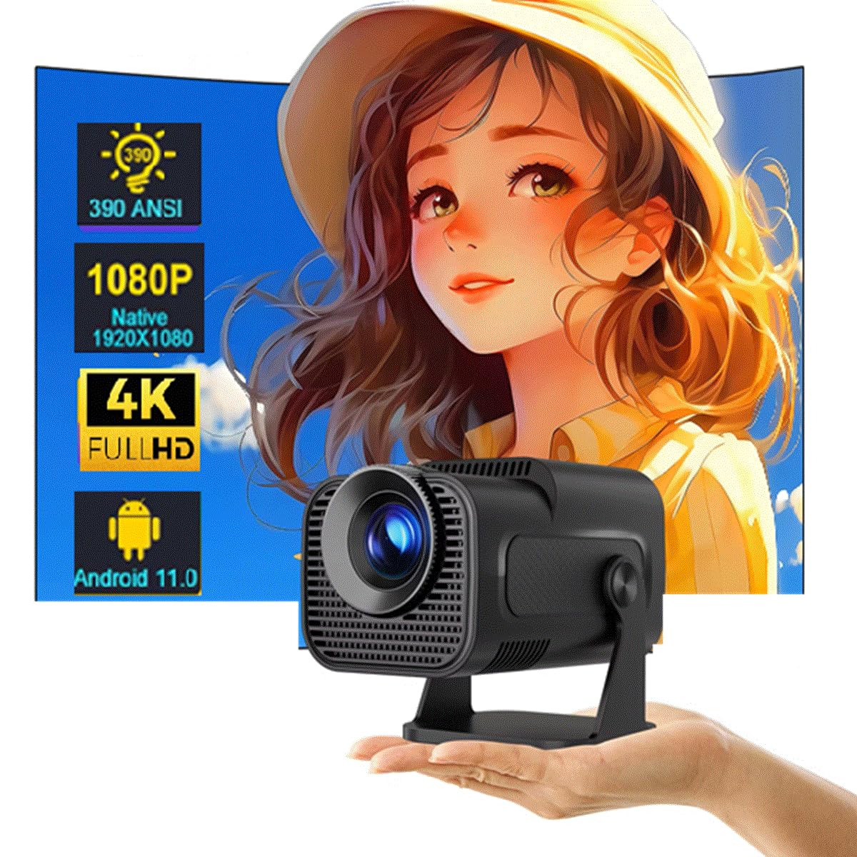Proiettore cinematografico portatile Android 11 4K 1080P 390ANSI Dual WiFi 6 BT5.0 1920 x 1080P Proiettori intelligenti Rotazione di 180 gradi 18000 lumen