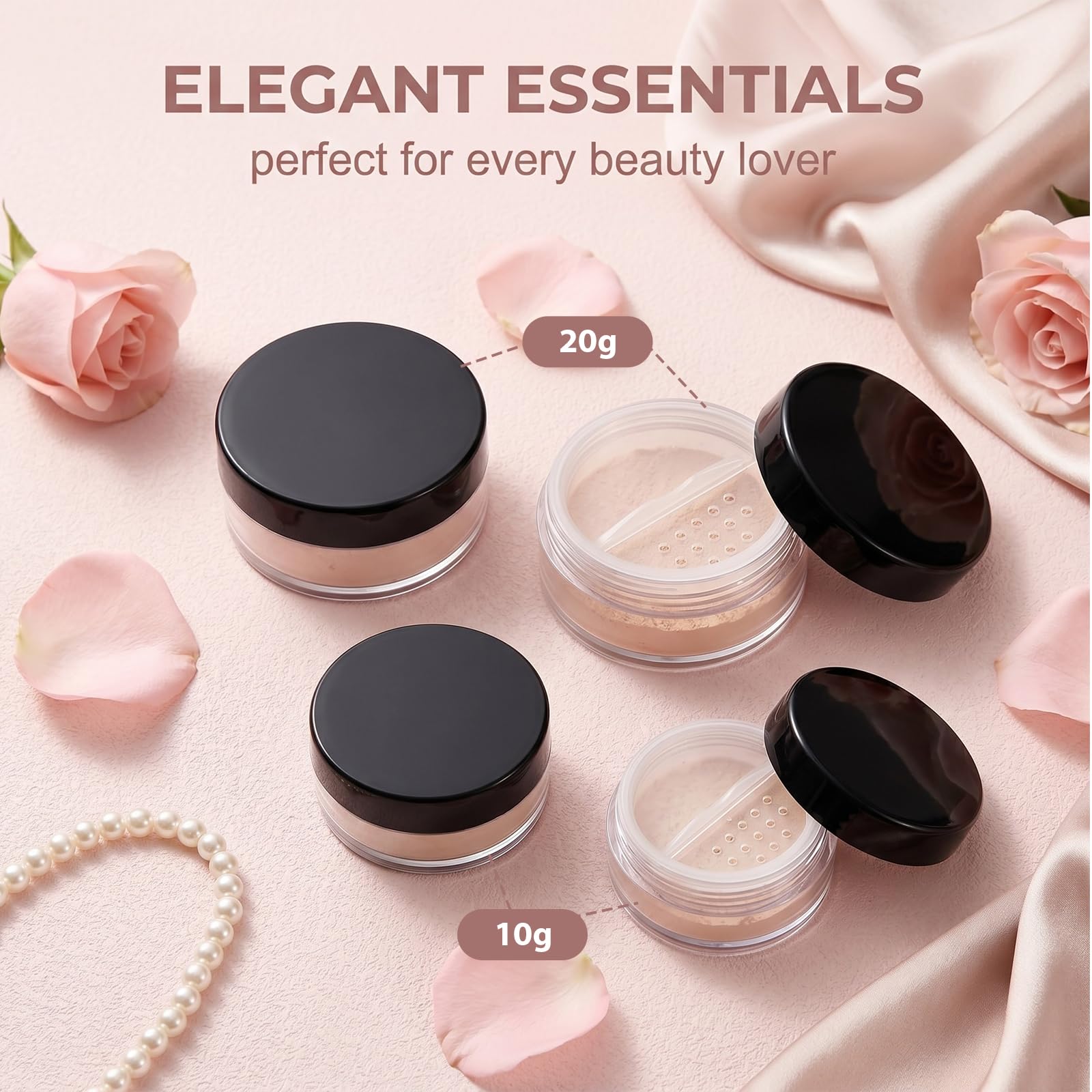 Lot de 4 Boîtes à Poudre Portables Vides – Réutilisables – 10g*2+20g*2– Transparentes avec Couvercle Noir – Tamis Amovible Intégré – Pour Femmes et Filles – Cosmétiques Voyage