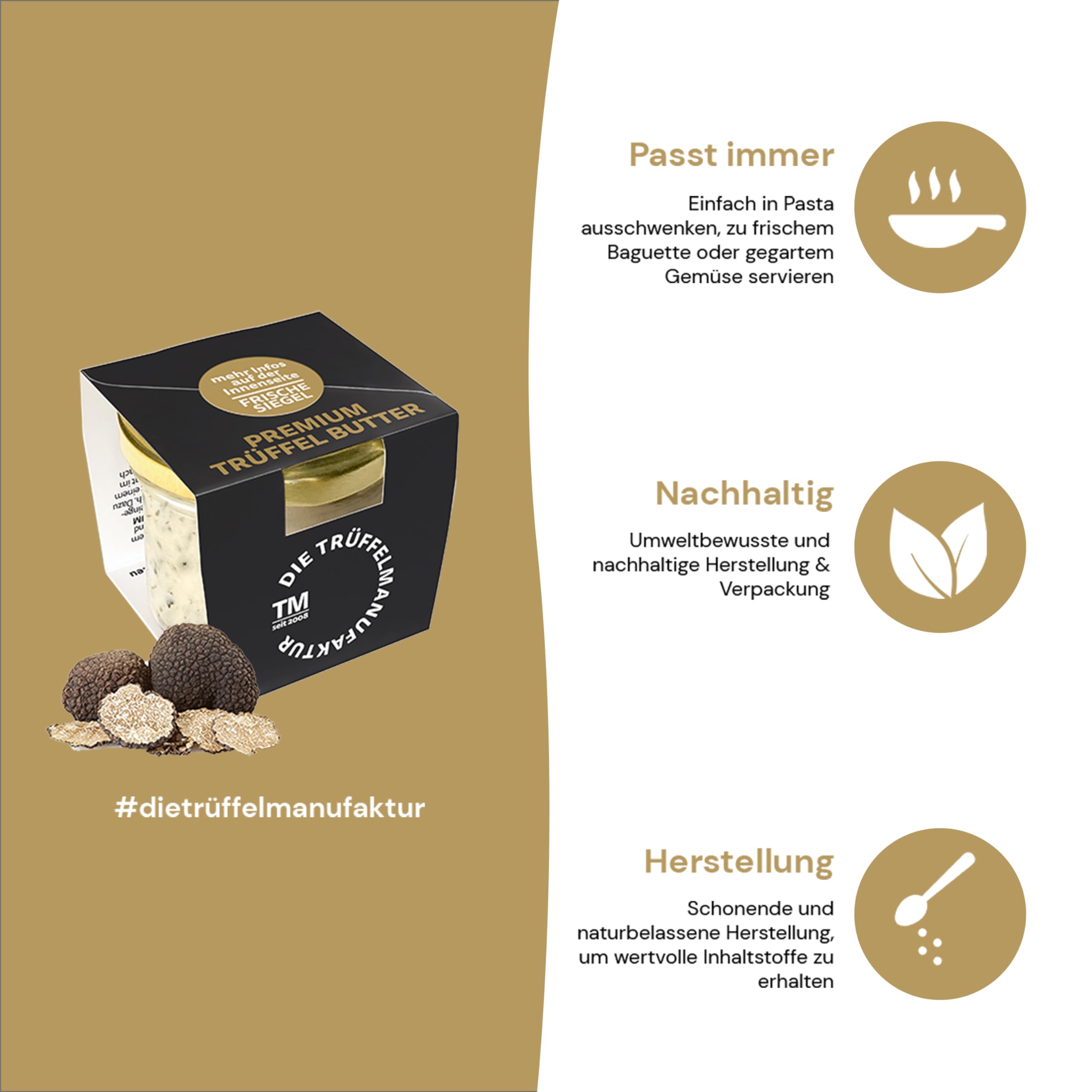 Die Trüffelmanufaktur - Feinkost Trüffelbutter Premium mit 25% Echtem Frischen Schwarzem Trüffel, Delikatesse für Feinschmecker, Weiße Butter im Glas á 95 g - Made in Germany