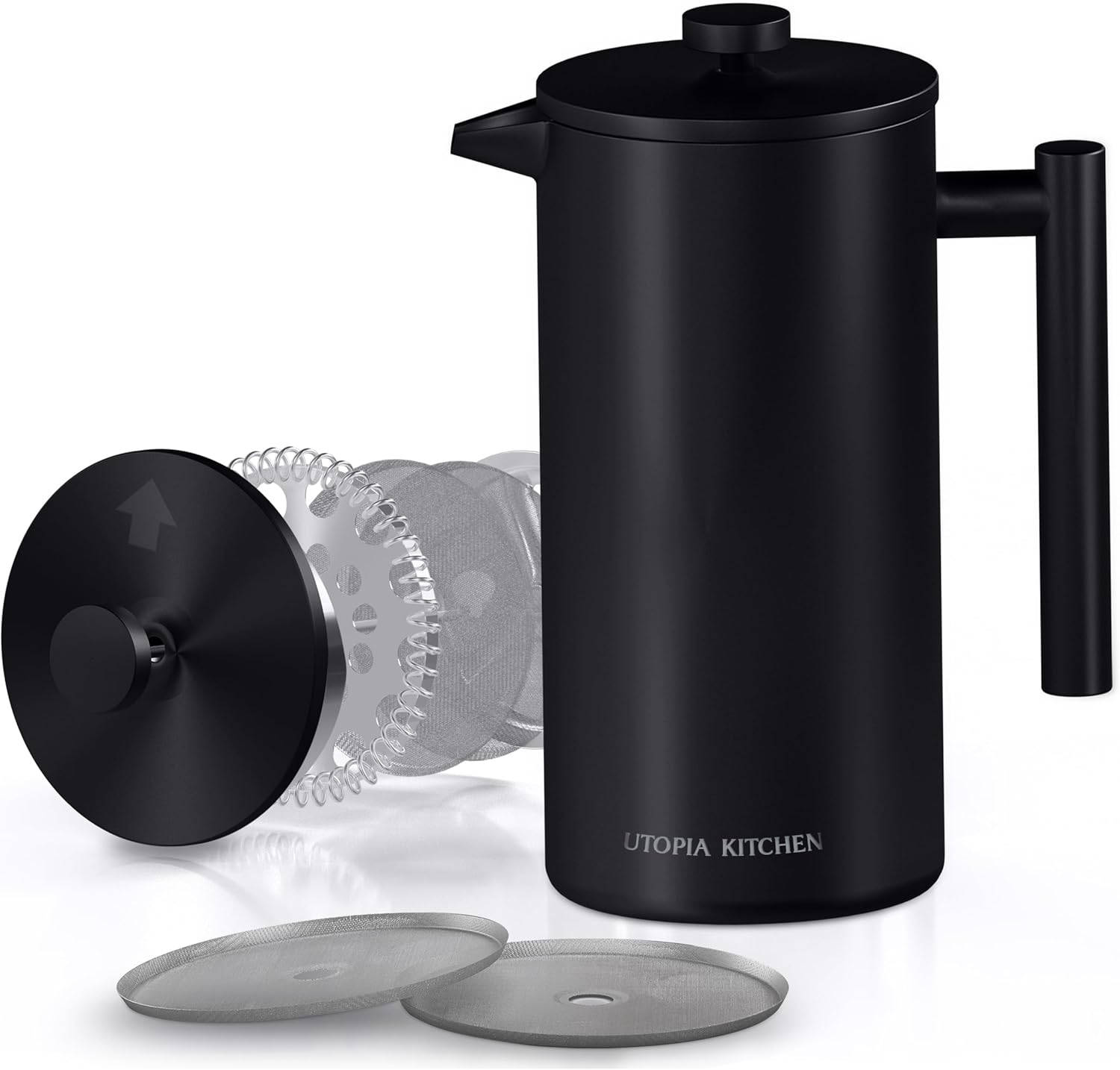Utopia Kitchen 304 Grade Stainless Steel French Press Coffee Maker 50 Oz, Double Wall Insulated Coffee Press with 4-Level Filtration system, Include 2 Extra Filters, Rust-Free, Dishwasher Safe, Silver