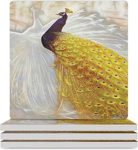 Miniatura 7 de Square-4 posavasos de cerámica de pavo real, posavasos cuadrados absorbentes para bebidas, estilo vintage de acuarela floral, hermosos posavasos