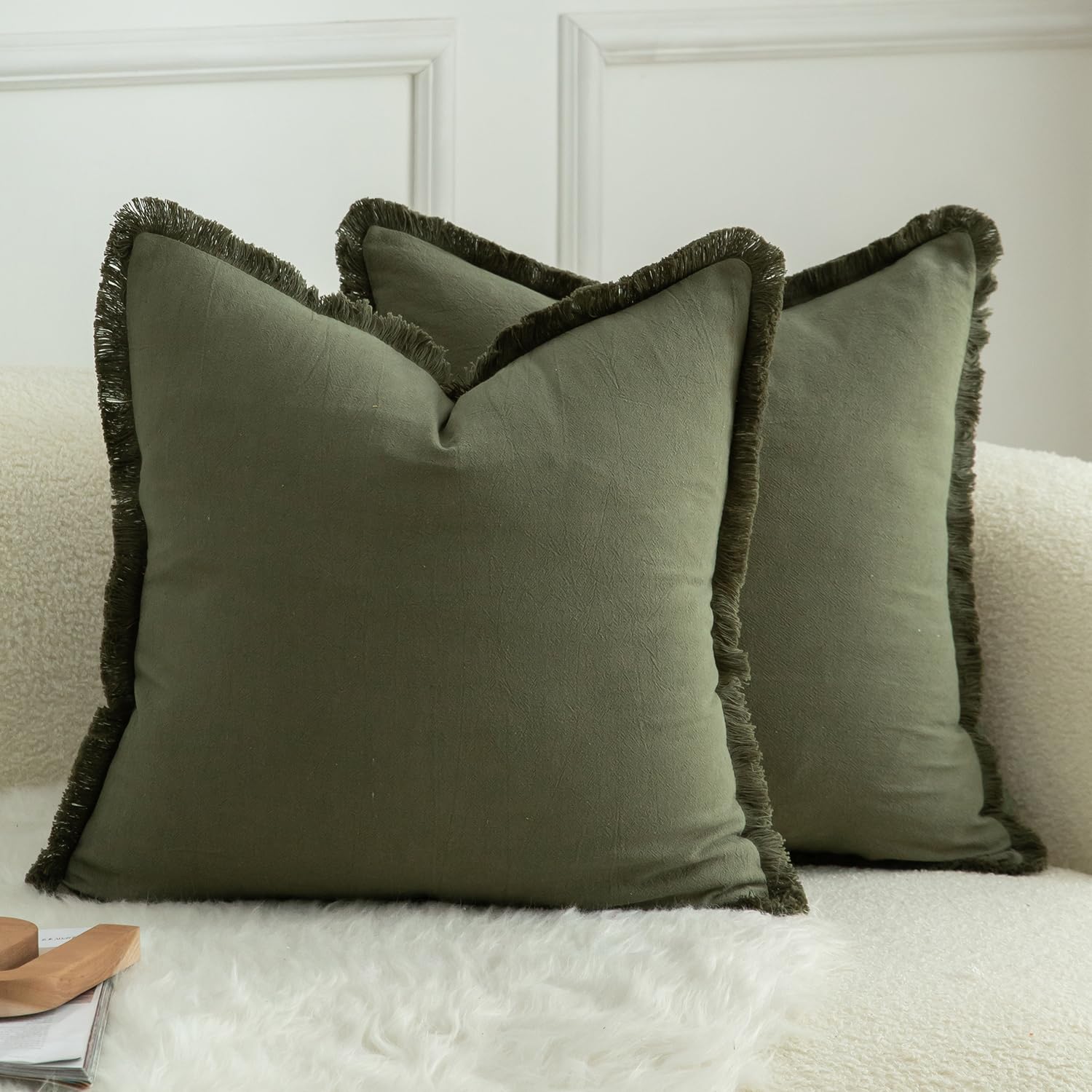 MANDIOO Set of 2 Neutral Cotton Fringe Throw Pillow Covers Decorative Boho Farmhouse Cushion Covers Cozy Tassels Pillowcase for Couch Sofa Bedroom