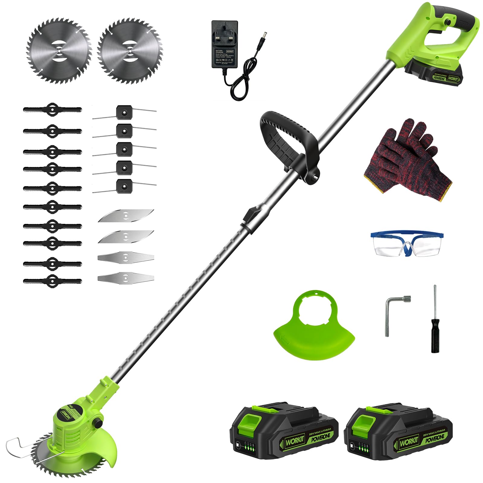 WORKIT Cordless Grass Trimmer, Strimmer with Circular/Rectangular/Plastic Blade & Trimmer Line, 2x 2.0Ah Batteries, Lightweight, Adjustable, Easy to Start for Garden Lawn Cutting and Weed Wacker