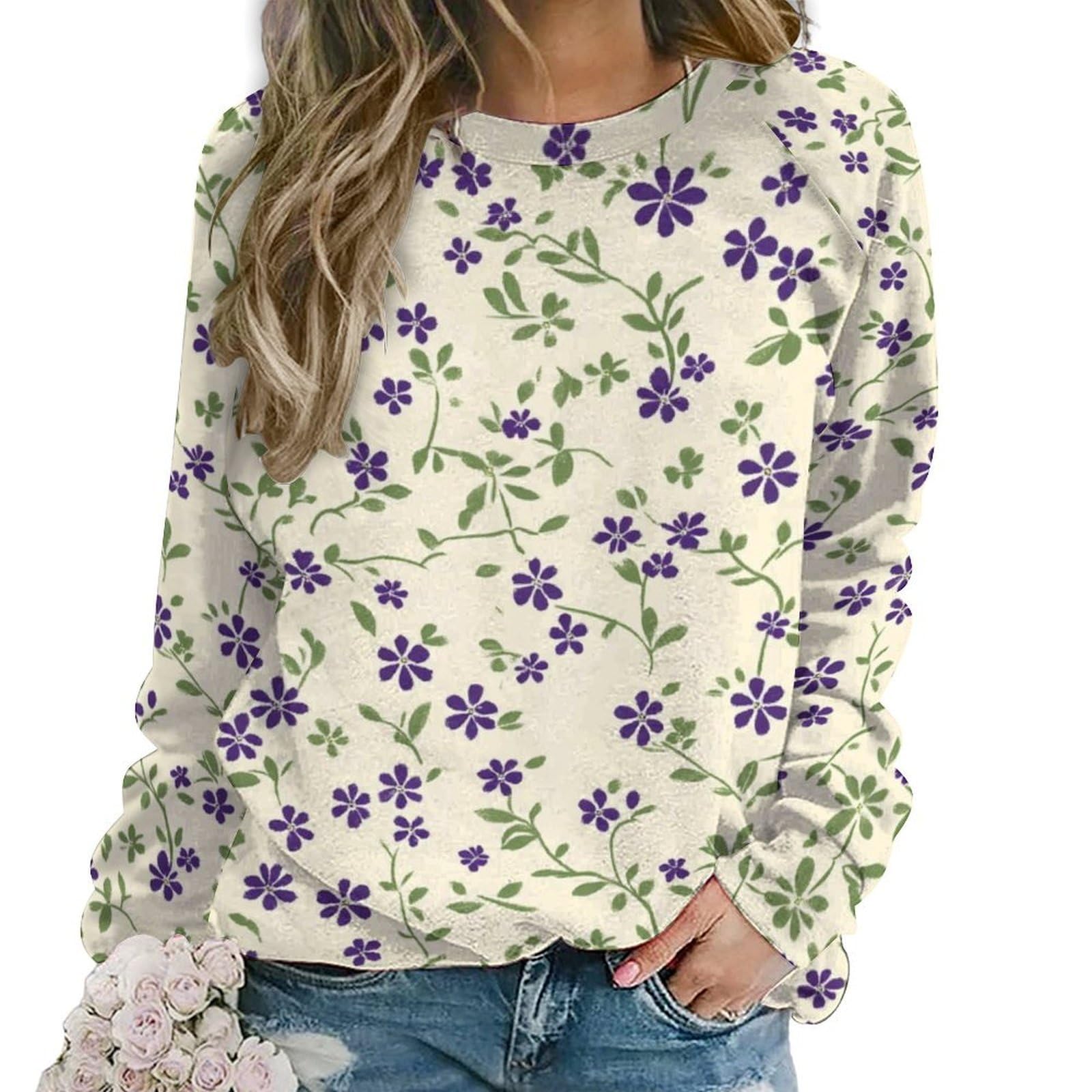 Sweatshirt for Women Crew Neck Floral Flower Print Plus Size Blouse Fashion Fall Winter Tunic Tops for Outdoor