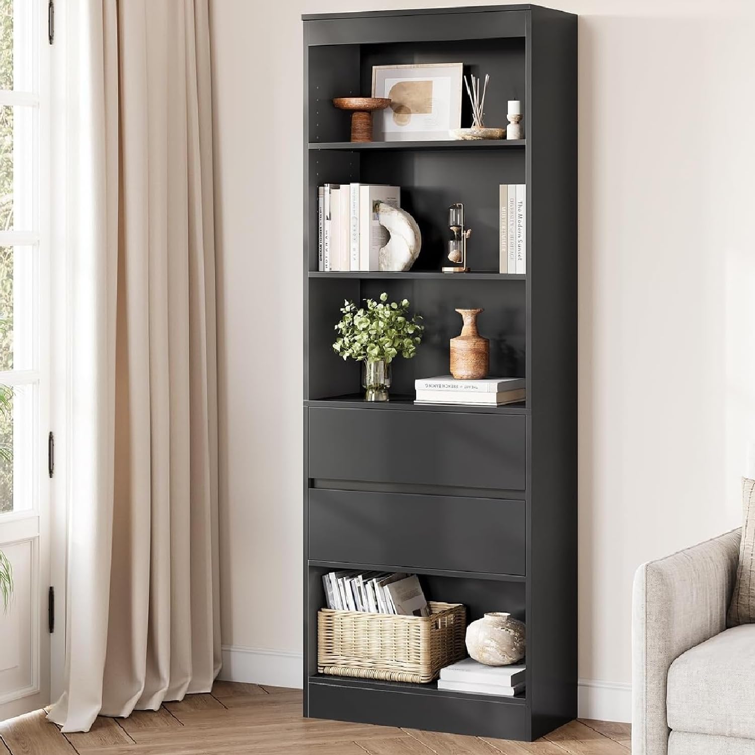 Mobile Alto con Ripiano Regolabile, Mensola in Piedi, Mobiletto da Bagno, Libreria a Scomparti Aperti,Mobiletto Multiuso per Bagno, Soggiorno, Camera da Letto, 180 x 60 x 30 cm(Nero)