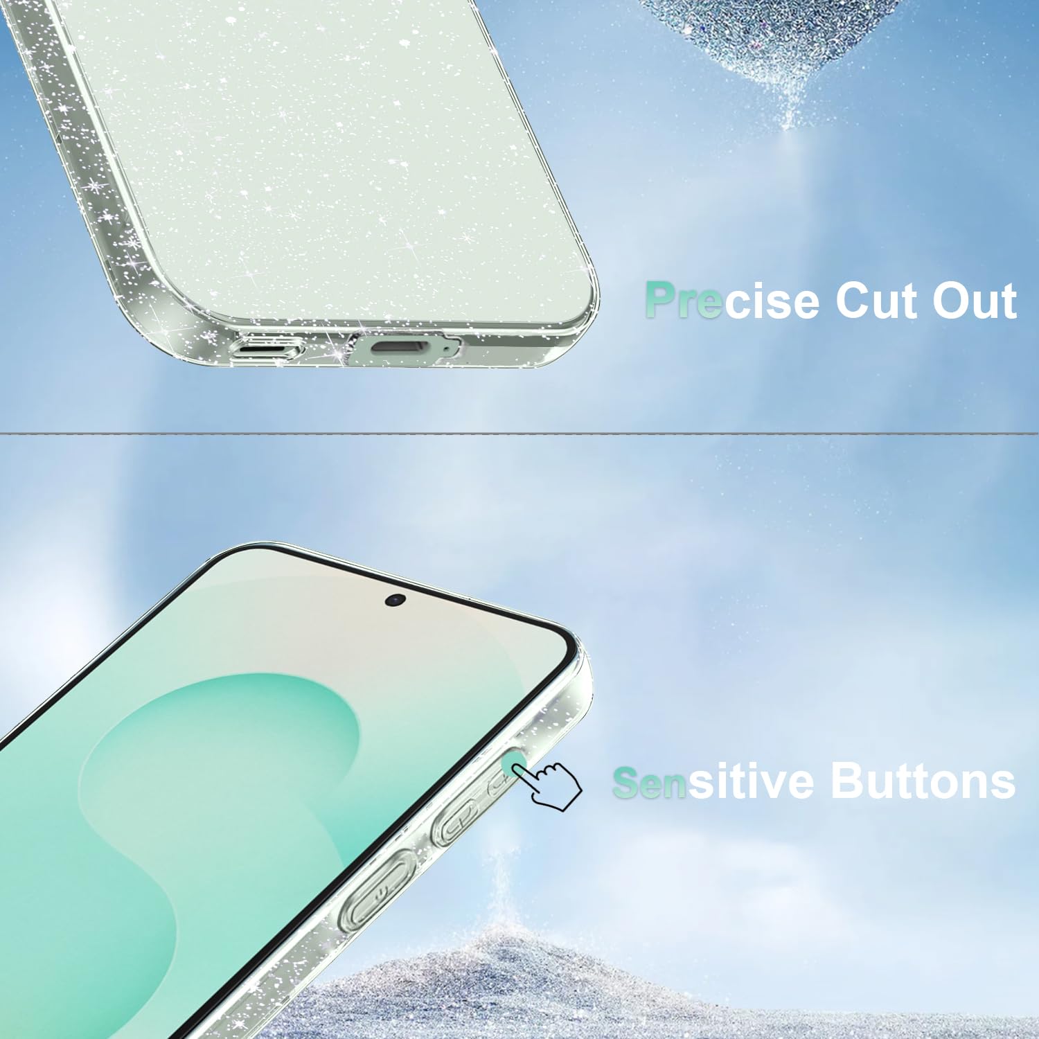 Cover Compatibile con Samsung Galaxy S25/ Samsung Galaxy S24 5G, con 3 Pezzi Vetro Temperato Pellicola Protettiva, Glitter e Antimpronta Custodia, Antigraffio e Morbido Caso - Trasparente