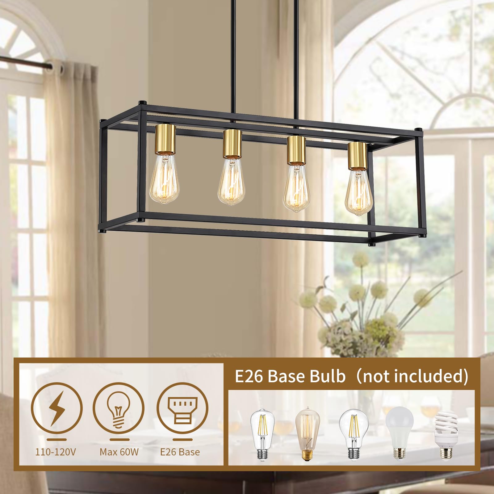 Snapklik.com : Yusist 4-Light Dining Room Light Fixture,Black Farmhouse ...