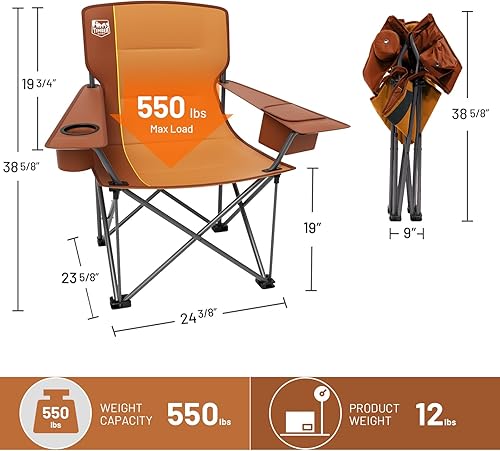 Miniatura 9 de TIMBER RIDGE Silla de campamento plegable de gran tamaño para adultos, soporte resistente de 600 libras con portavasos, bolsillo lateral para