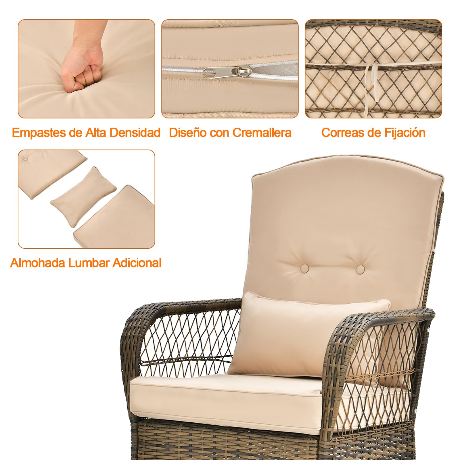 GIANTEX Juego de Muebles de Ratán 3 Piezas, Cojunto de Mecedoras para Jardín, 1 Mesa de Café y 2 Mecedoras, con Cojines, Juego de Mesa y Silla para Jardín, Terraza y Patio