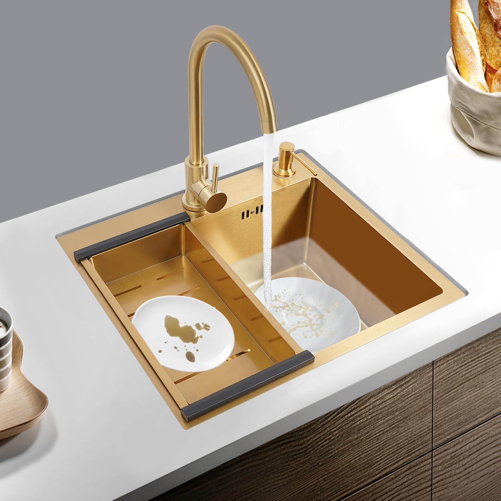 Fregadero de acero inoxidable dorado PVD, con grifo giratorio y dispensador de jabón, drenaje rápido en X, silencioso, anticondente, para cocinas y hogares, diseño moderno con lavabo grande, 50 x 45 x
