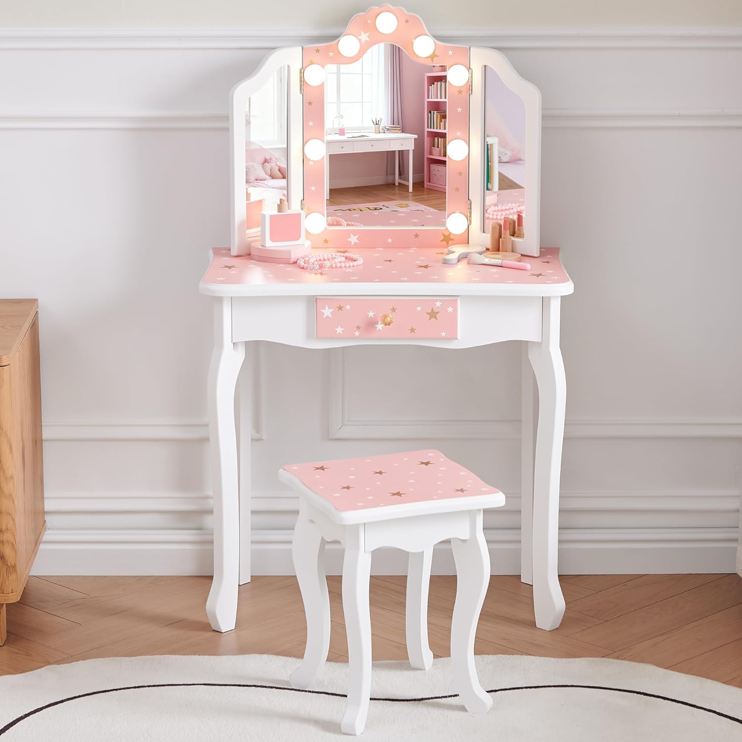 Kids Vanity Set, Princess Toddler Makeup Vanity with Mirror and 3-Color LED Lighted, Wooden Kids Vanity Table and Chair Set with Drawer for Little Girls