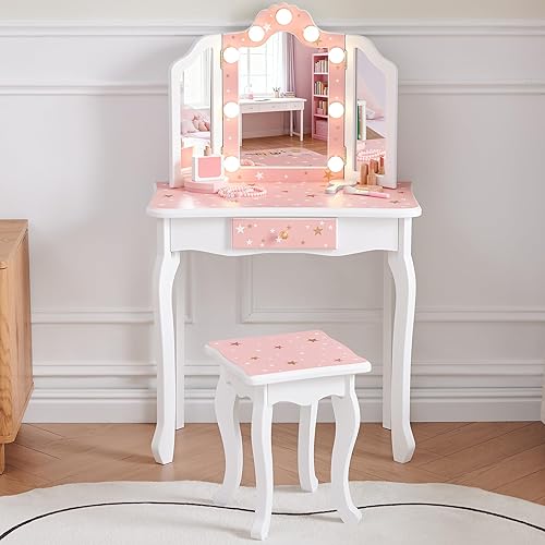 Miniatura 7 de Juego de mesa y silla para niños, juego de tocador para niñas con taburete, espejo de tres pliegues, mesa de princesa de maquillaje con cajón para