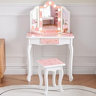 Kids Vanity Set, Princess Toddler Makeup Vanity with Mirror and 3-Color LED Lighted, Wooden Kids Vanity Table and Chair Set with Drawer for Little Girls