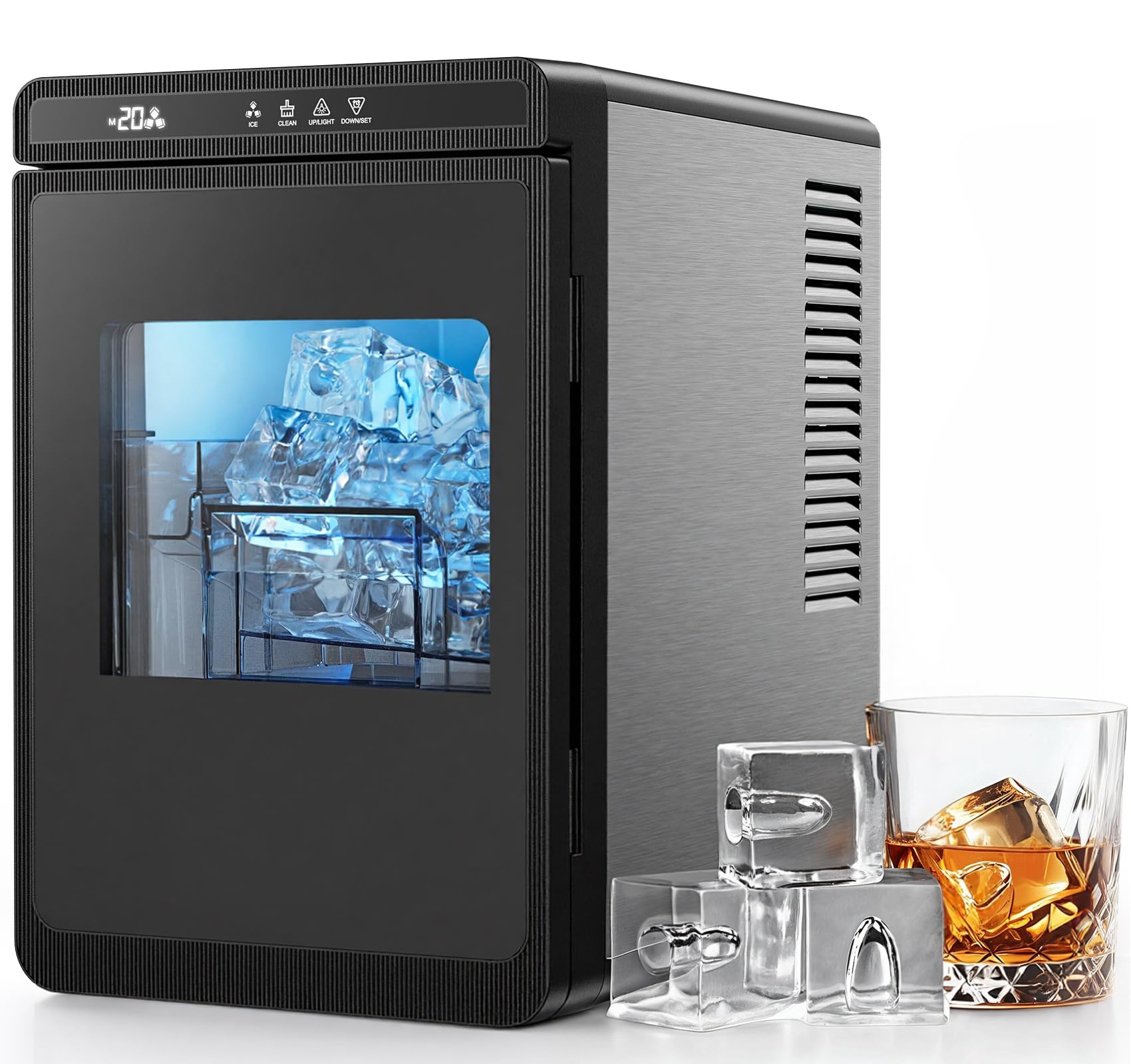 Silonn Clear Ice Cube Maker Countertop, Makes 3 Large 1.6″ Cubes in 20 Mins, Crystal Clear &amp; Slow-Melting Ice for Whiskey, Adjustable Ice Thickness &amp; Auto Clean, Great for Home bar, Kitchen &amp; Party