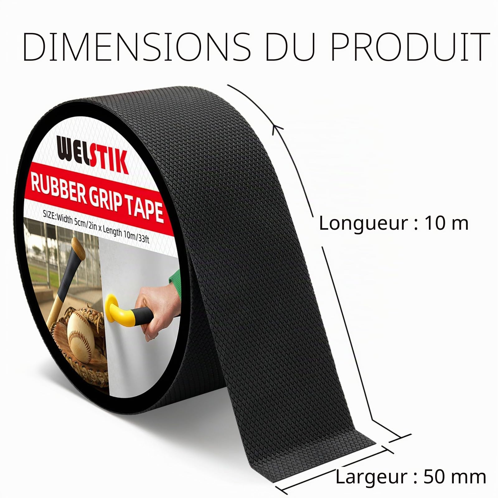 WELSTIK Ruban adhésif antidérapant en caoutchouc, ruban ultra résistant et imperméable avec adhésif texturé pour outils et gadgets de bricolage (noir, 5 cm x 10 m)