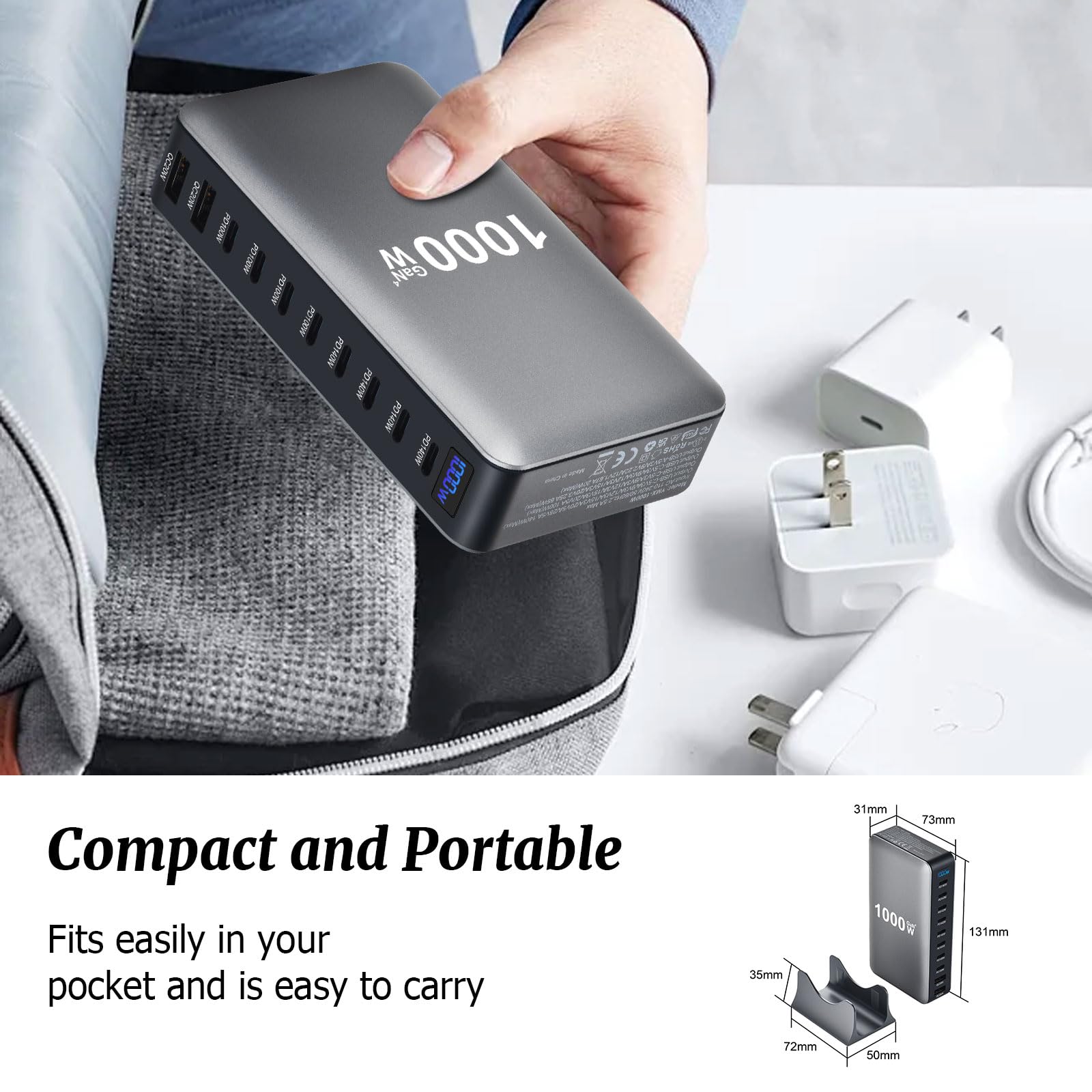 Caricatore USB C multiplo, 1000 W, 10 porte, caricatore rapido Gan 4 Max140 W per laptop (8 USB C e 2 USB‑A) per MacBook Air, i-Pad, iPhone 17/16/15, Galaxy S25, HP