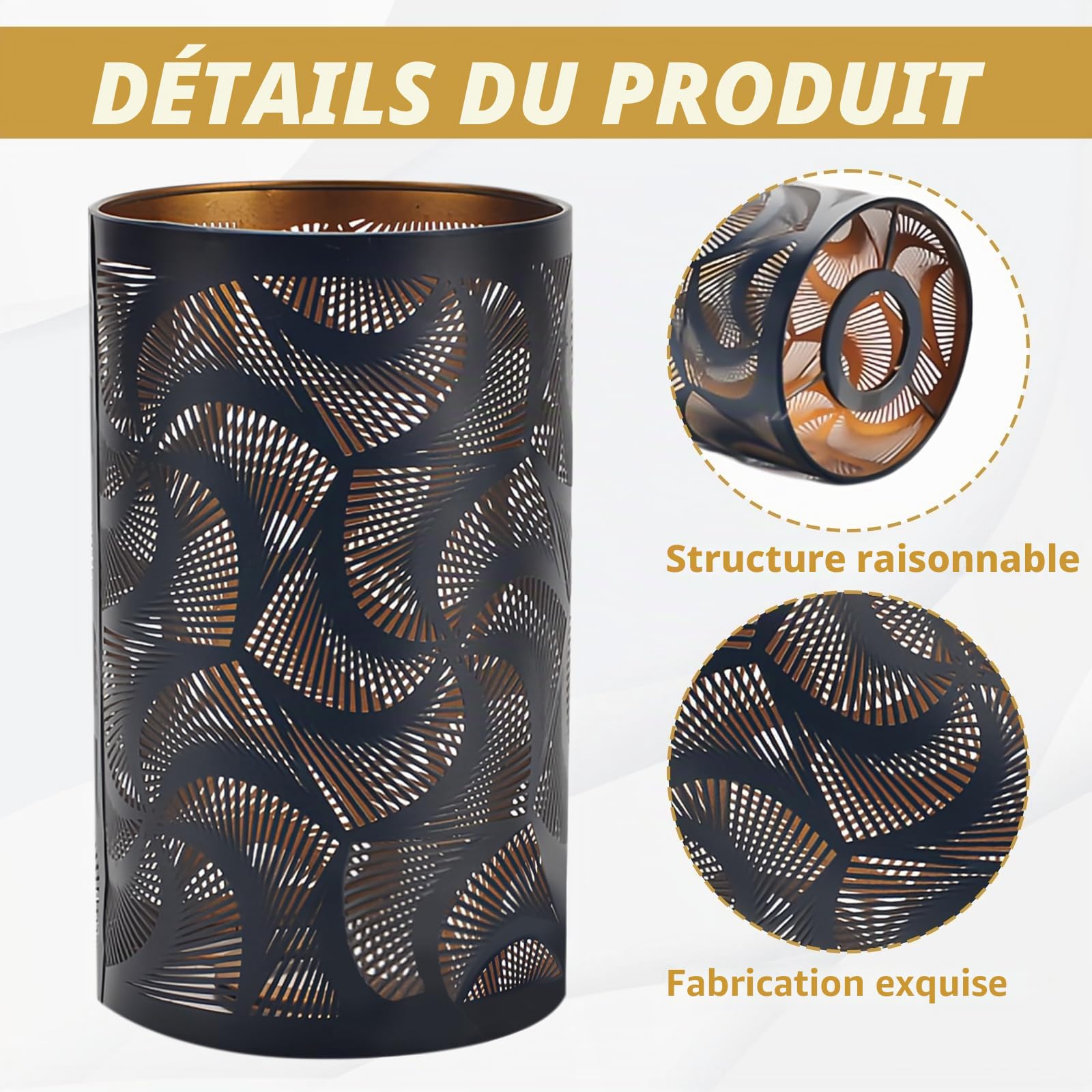 Abat-jour en métal, abat-jour creux E27 pour lampe de table, abat-jour cylindrique en métal creux et sculpté, pour lampadaire, lampe de table - Noir, 12 x 12 x 20 cm