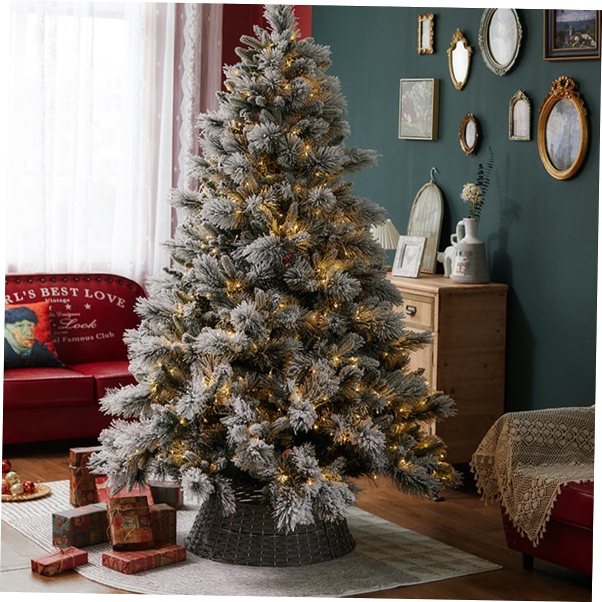 Falda para Árbol de Navidad Rústica Pequeña Gris Cubierta Decorativa de Base para Árbol Collar Tejido a Mano para Decoración Navideña en Hogar y Oficina