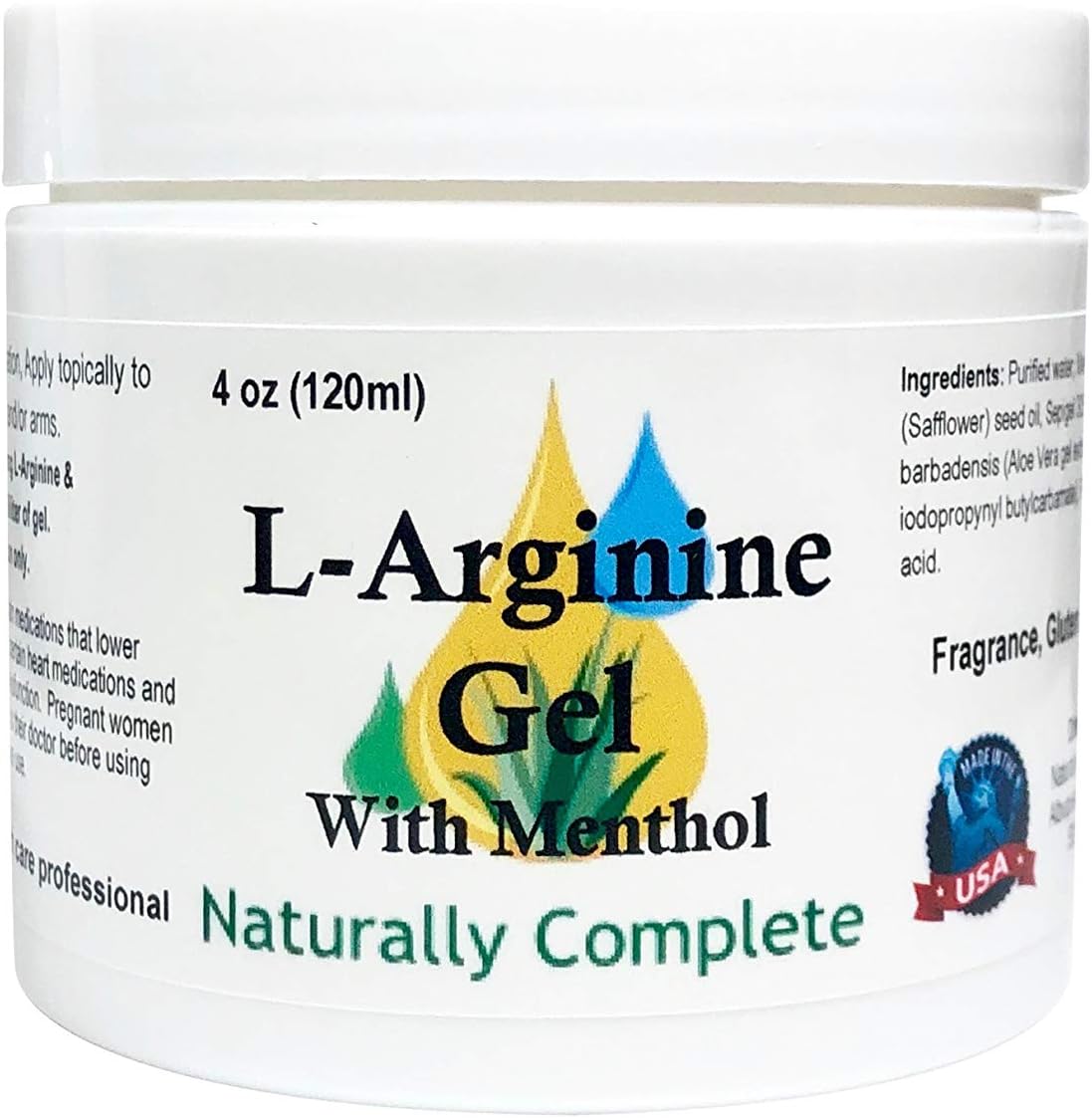 L-Arginine with Menthol 4 oz. Jar - Non-GMO - Soy-Free - Paraben Free - Made in The USA