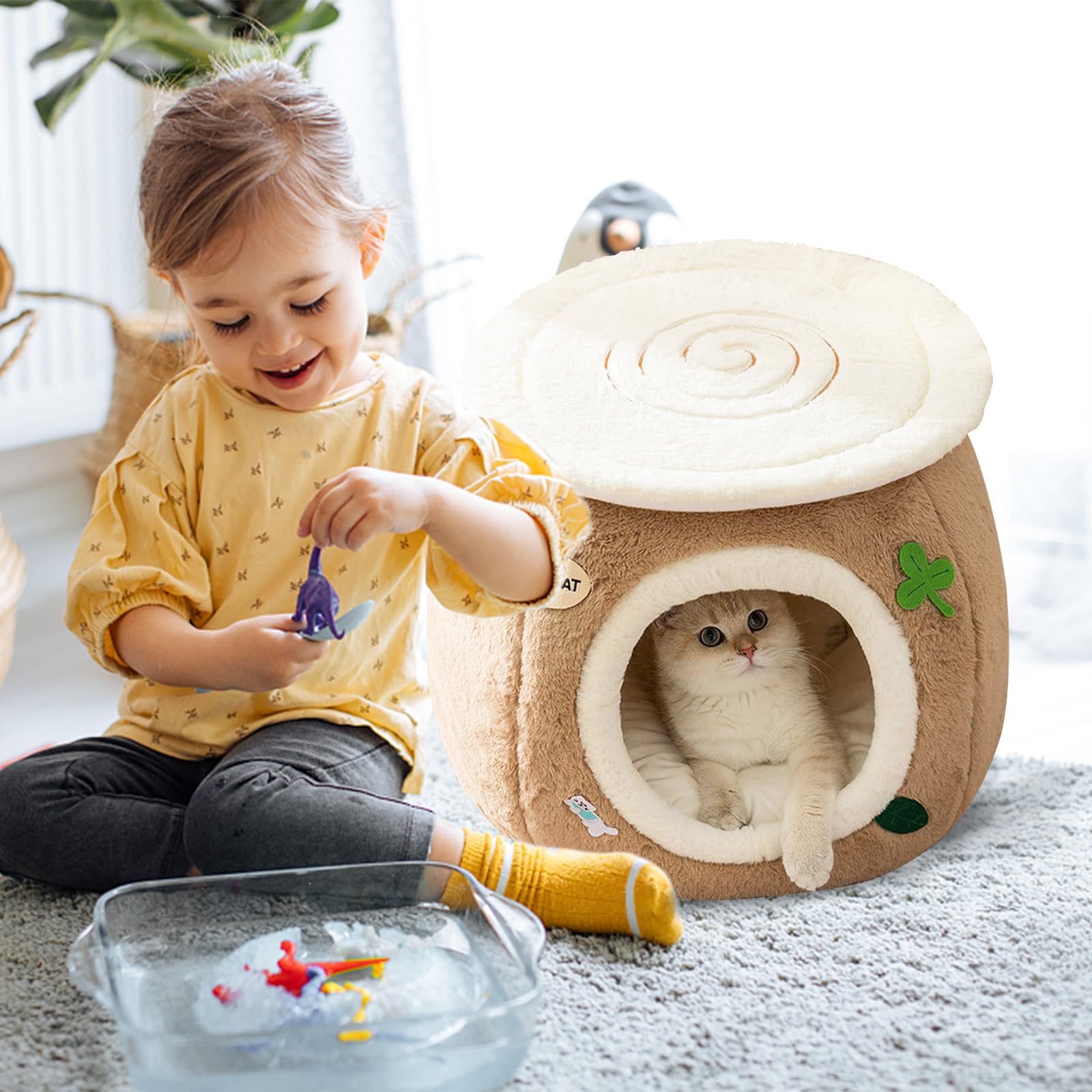 Galatée Niche pour Chat, Lit en Peluche Ultra Doux avec Dessous Antidérapant, Niche pour Chien Au Design Mignon Et Dessin Animé, Nid Spacieux, Tipi pour Chat Chaud Et Confortable(L, Marron)