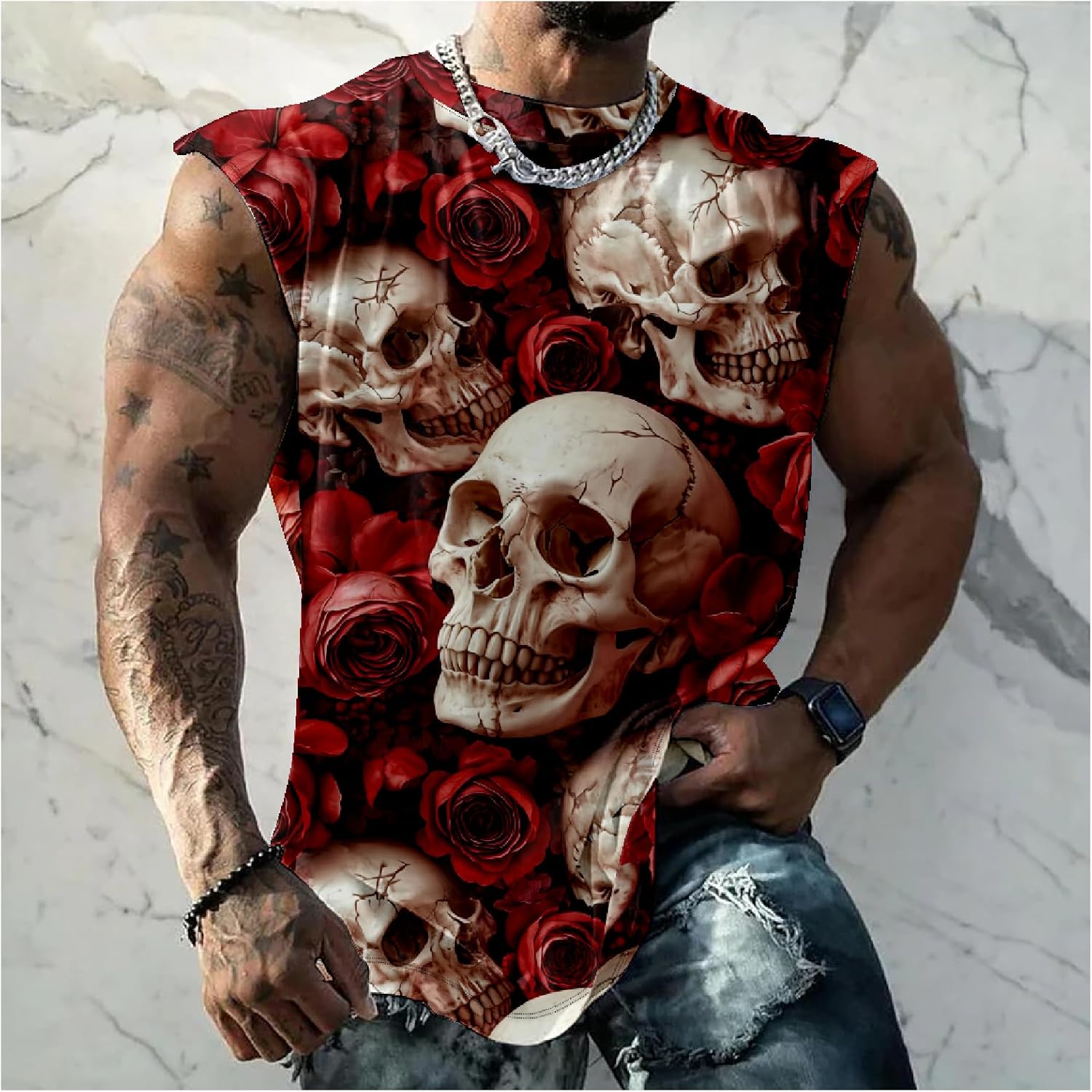 Graphic Tank Tops Men Skull Printed Sleeveless Summer Oversized Loose Gym Workout Breathable Sportswear - Image 2