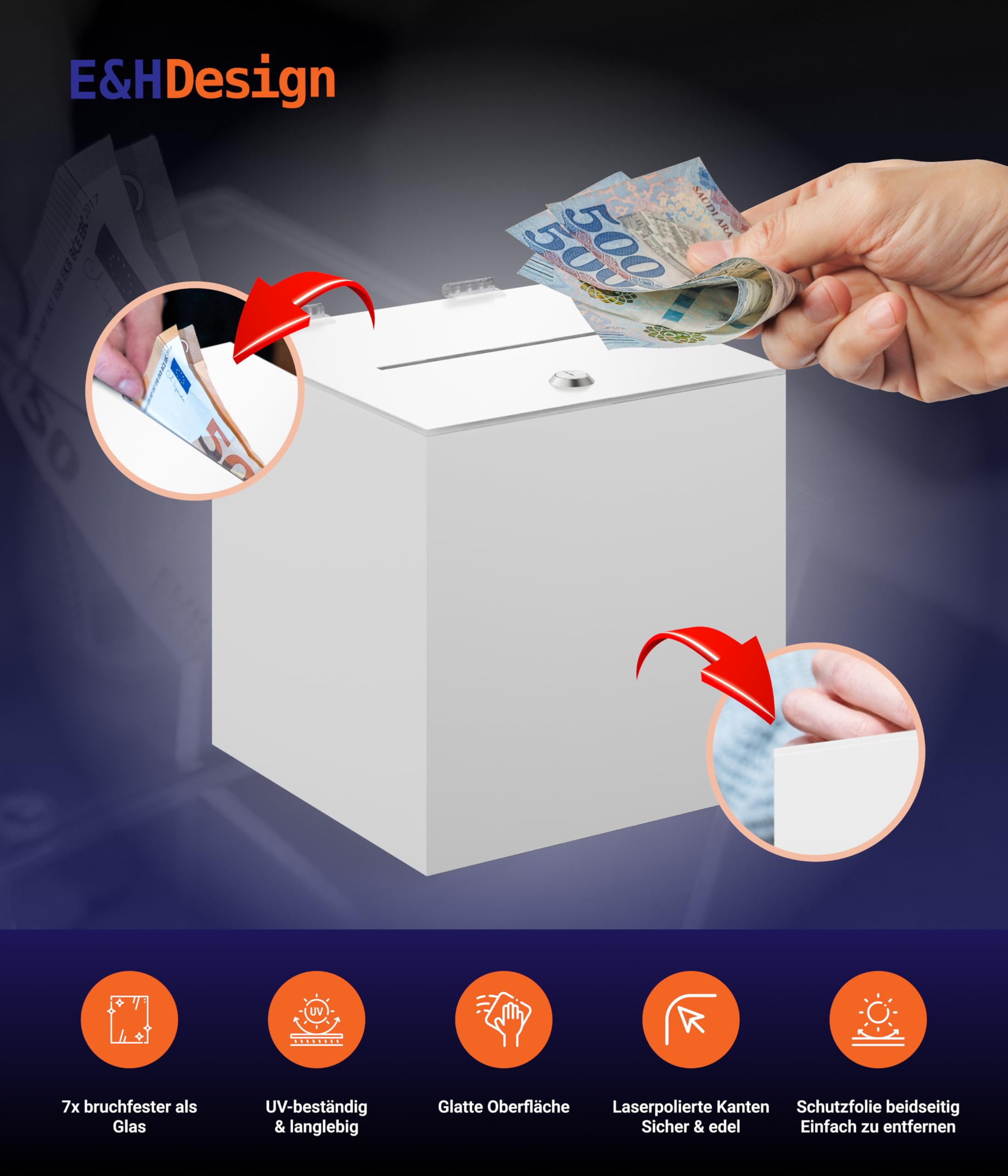 EH Design Caja de donación con cerradura con cerradura de 25 x 25 x 25 cm, cristal acrílico blanco, 7 veces más resistente a la rotura que el cristal, fabricado en Alemania, caja de donación para club