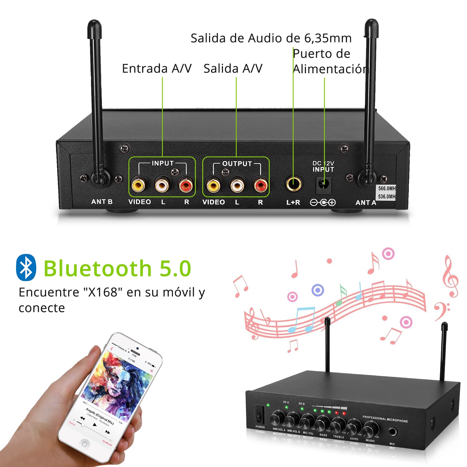 LiNKFOR Sistema de Micrófono Inalámbrico Bluetooth 5,0 UHF Micrófono Dual Recargable con Control de Volumen Agudos Bajos Eco para Karaoke Fiestas Bodas DJ Iglesia Amplificadores Altavoces