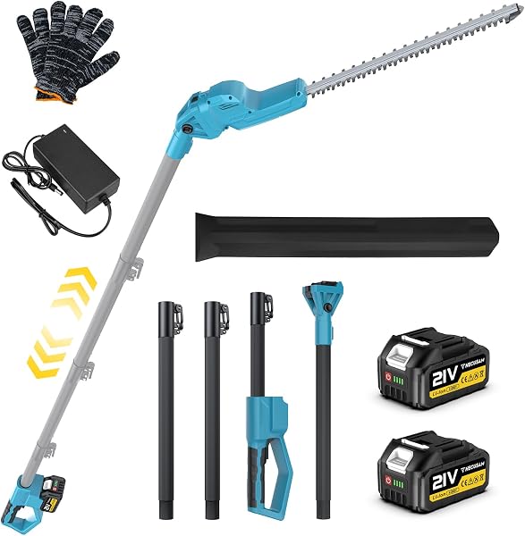 Taille-haie télescopique sur batterie HECUSAM, lame double action 52 cm, portée 4,5 m, tête pivotante 180°, 2 batteries 4,0 Ah