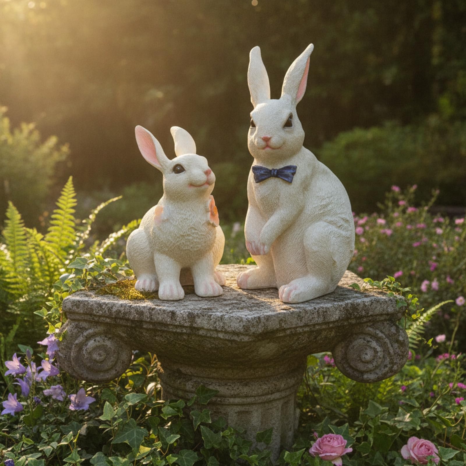 Kaninchenfigur aus Kunstharz frostbeständig Gartenfigur mit Schleife naturgetreu Gartenhase für Gartenliebhaber, Sammler