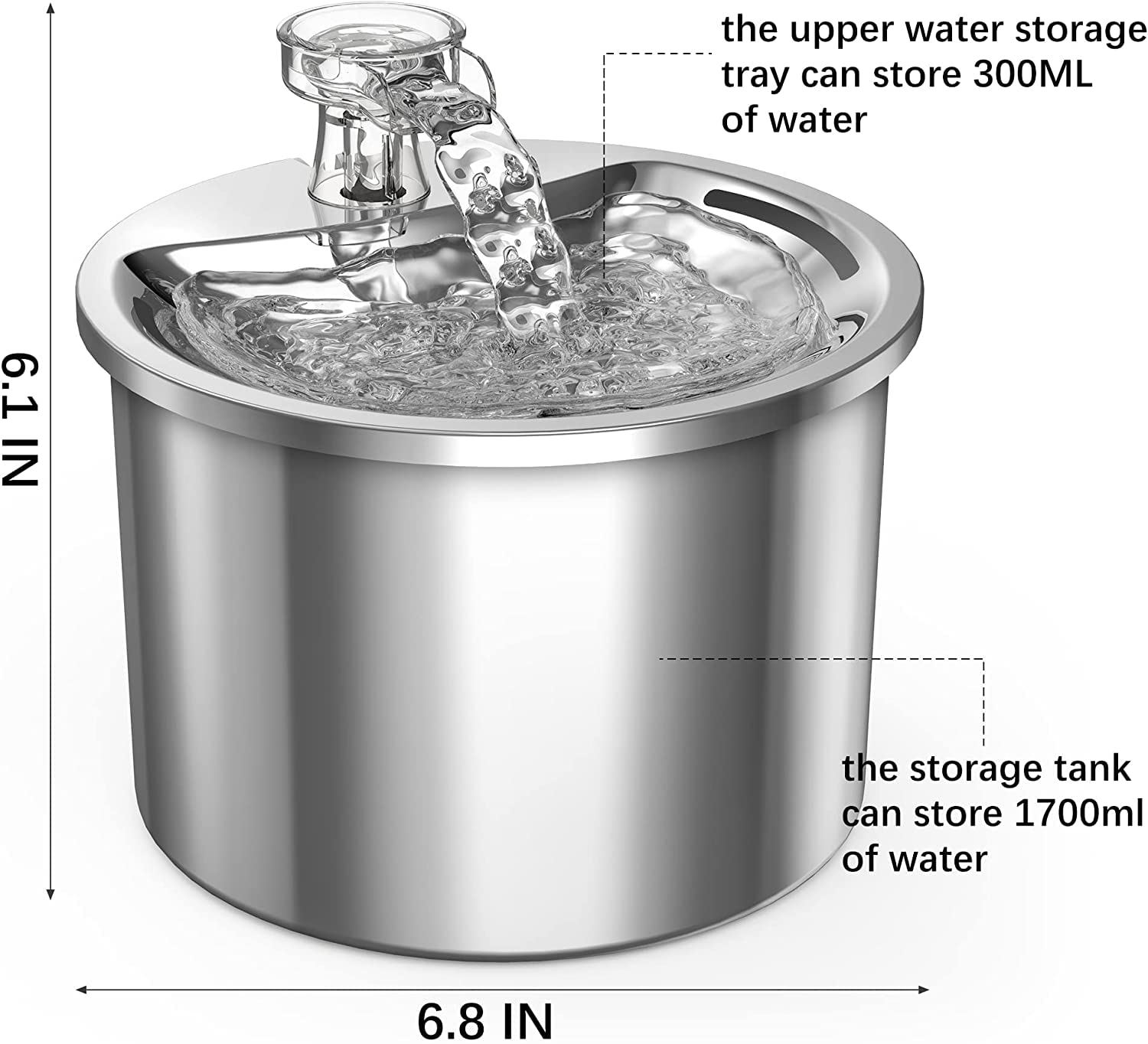 Cat Water Fountain - 67Oz/2L Automatic 304 Stainless Steel Pet Water Fountain, Ultra-Quiet Pump and 4 Replacement Filter - image 2