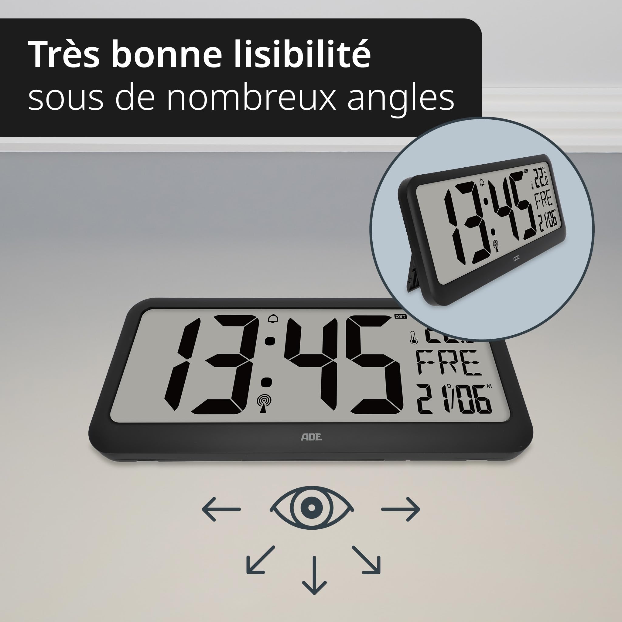 ADE Horloge numérique Murale geante radiopilotée avec Chiffres XXL | Horloge de Table avec Calendrier | avec température & Alarme | Parfaite pour Les Seniors ou Les porteurs de Lunettes | Noir
