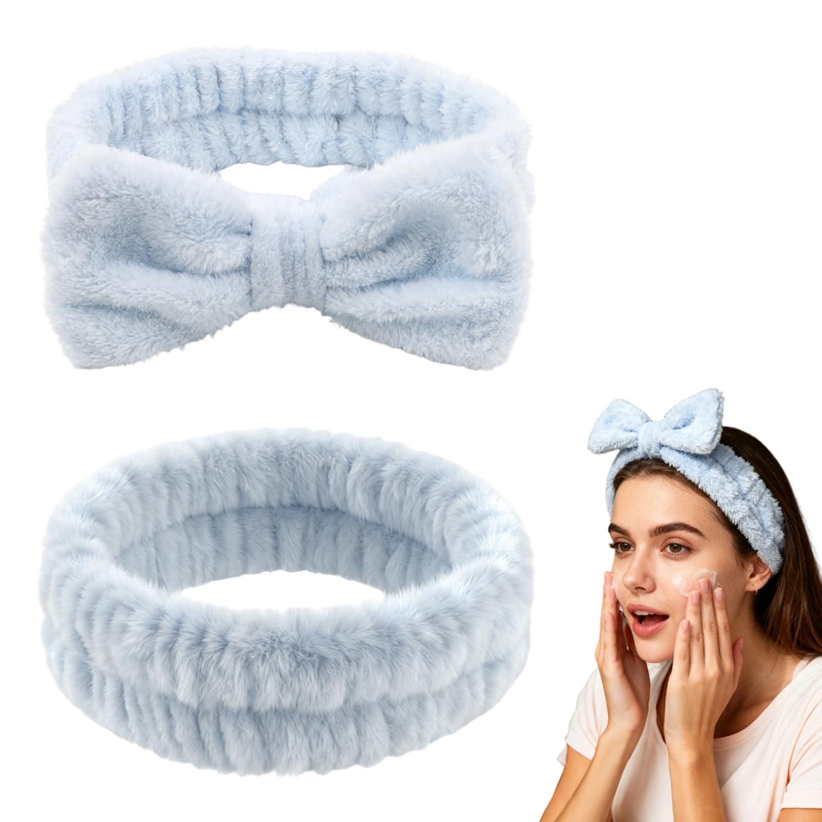 2 Stück Spa Bowknot Stirnband Damen, Elastic Abschmink Haarband, Coral Fleece Makeup Haarband, Kosmetik Stirnband für Gesichtswaschen, Dusche, Hautpflege, Yoga und Sport (Blau)