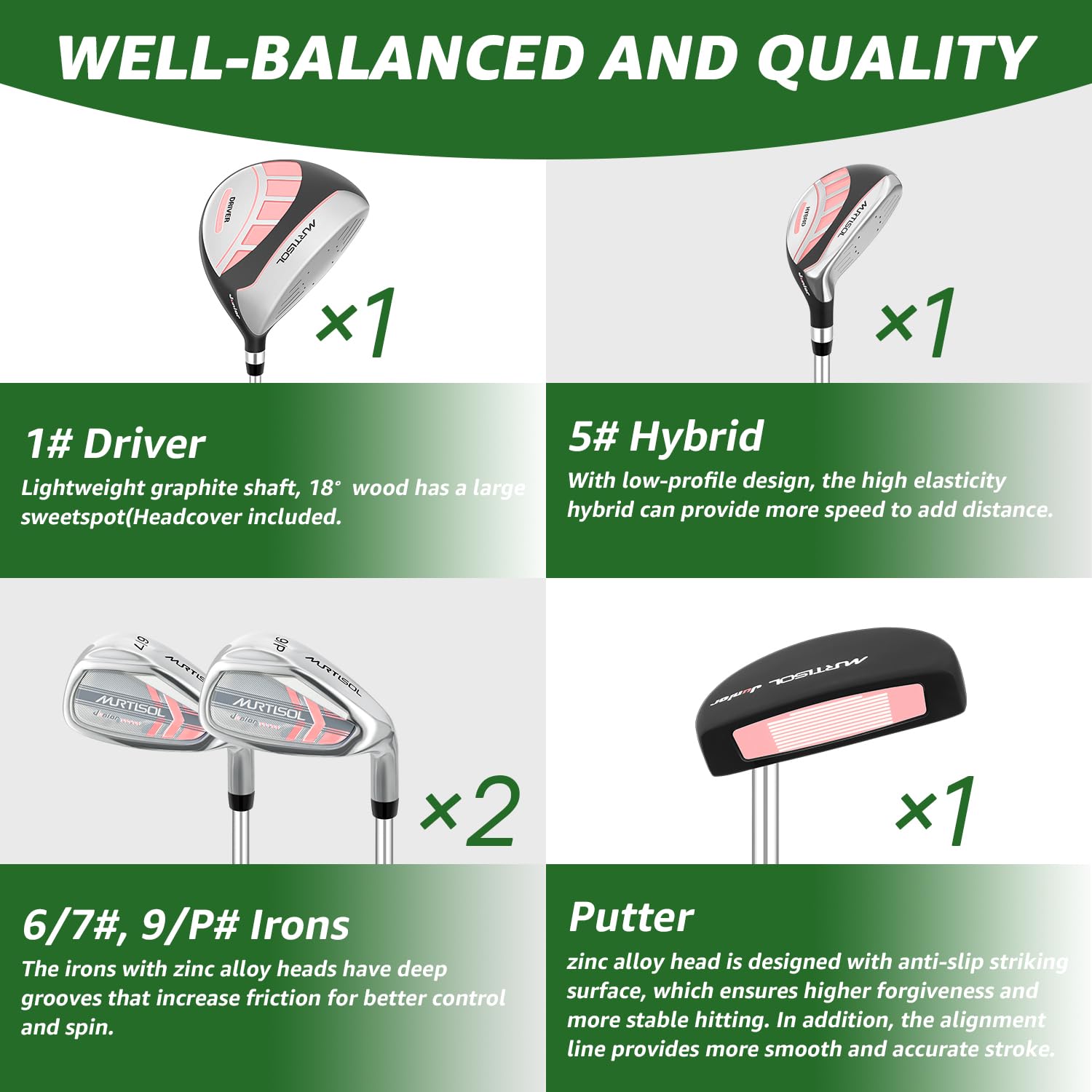 XDriveMax 6 Teilige Komplettes Golfschläger Set, Golf Set Inklusive Stand Bag, 1# Drive, 5# Hybrid, 6/7#, 9/P# Eisen und Putter Rechtshänder