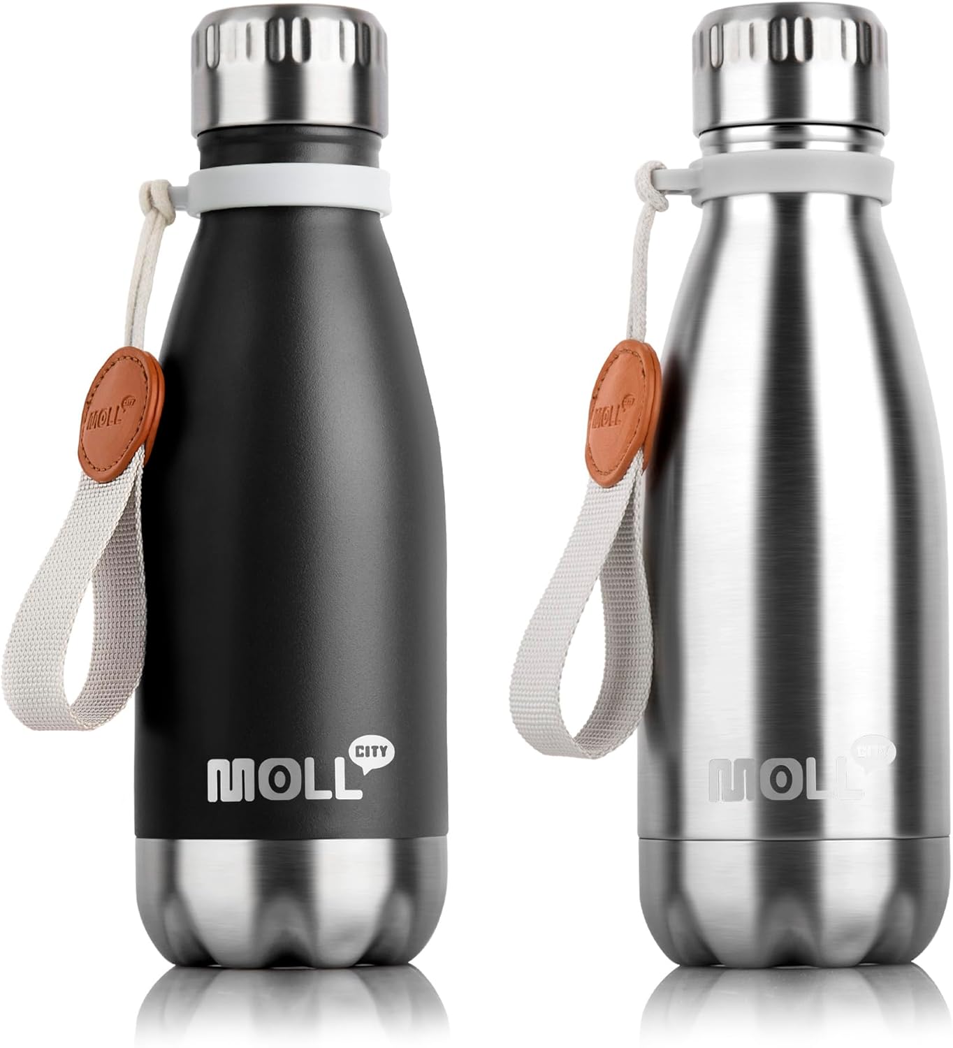 Mollcity 9 oz Water Bottle Stainless Steel Double Wall Vacuum Insulated Sports Water Bottle for Kids, Small Mini Cola Shape Water Bottle Leak Proof (Black-Silver)