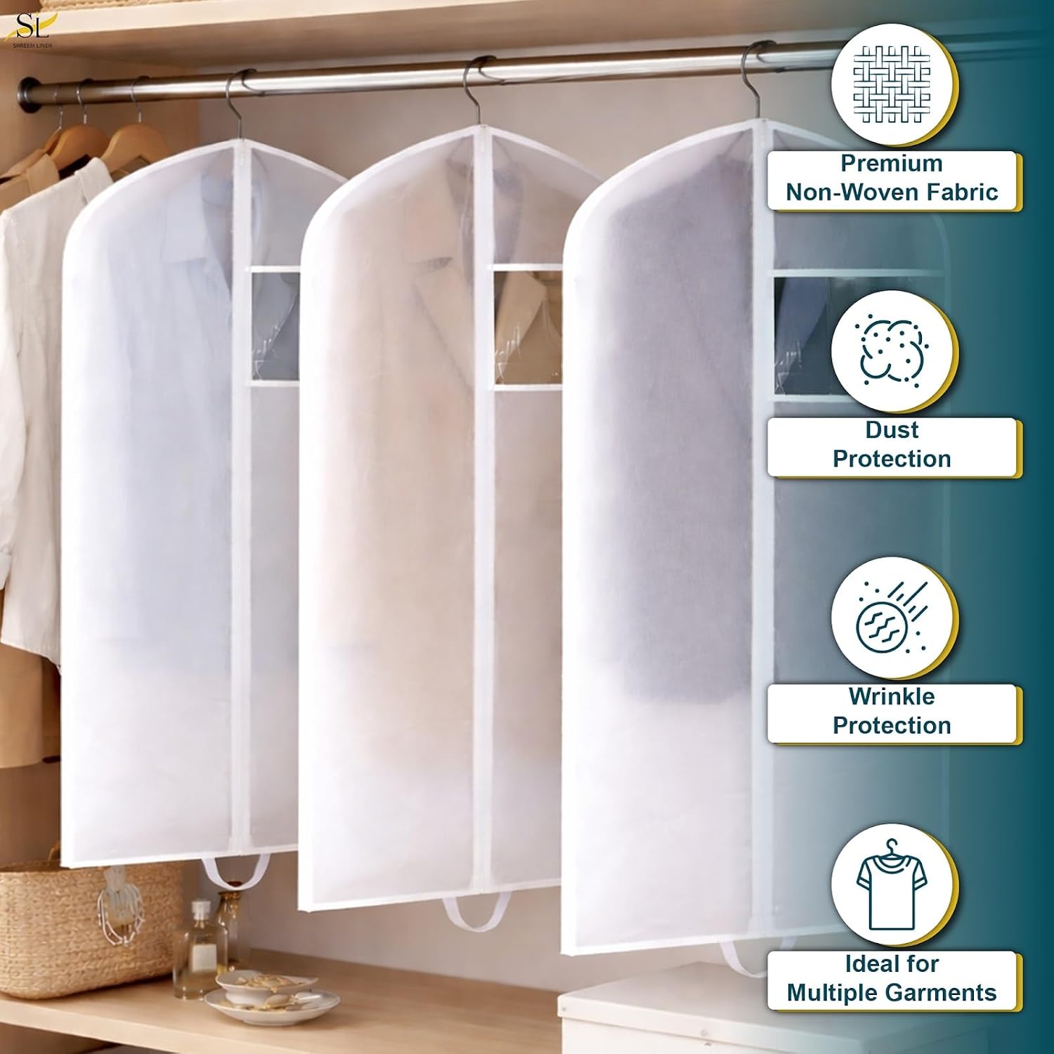 43" Garment Bags for Hanging Clothes, Pack of 3 Suit & Dress Covers for Storage and Travel, Long Gown Bags with Zipper, Classic White